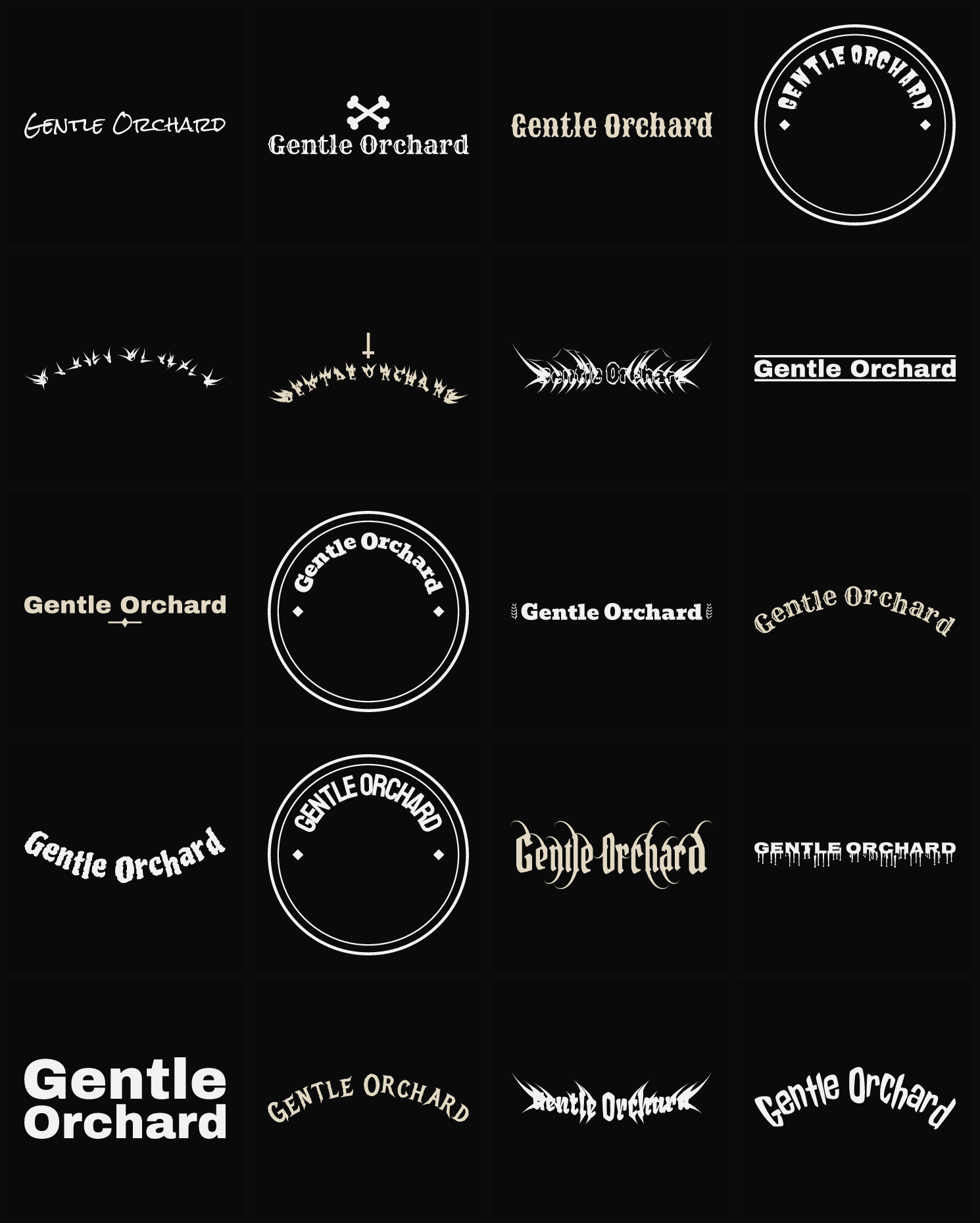 Twenty Gentle Orchard band logo ideas — different faces, treatments and spike settings
