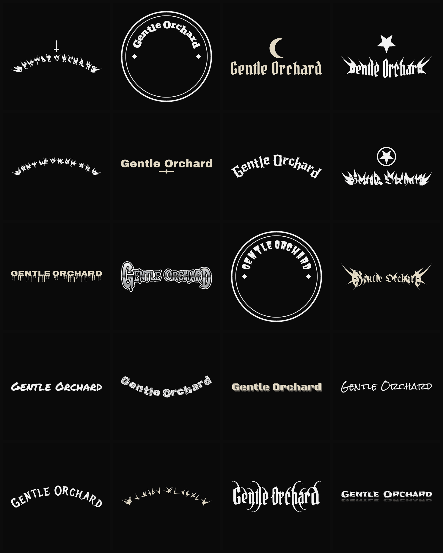 Twenty Gentle Orchard band logo ideas — different faces, treatments and spike settings
