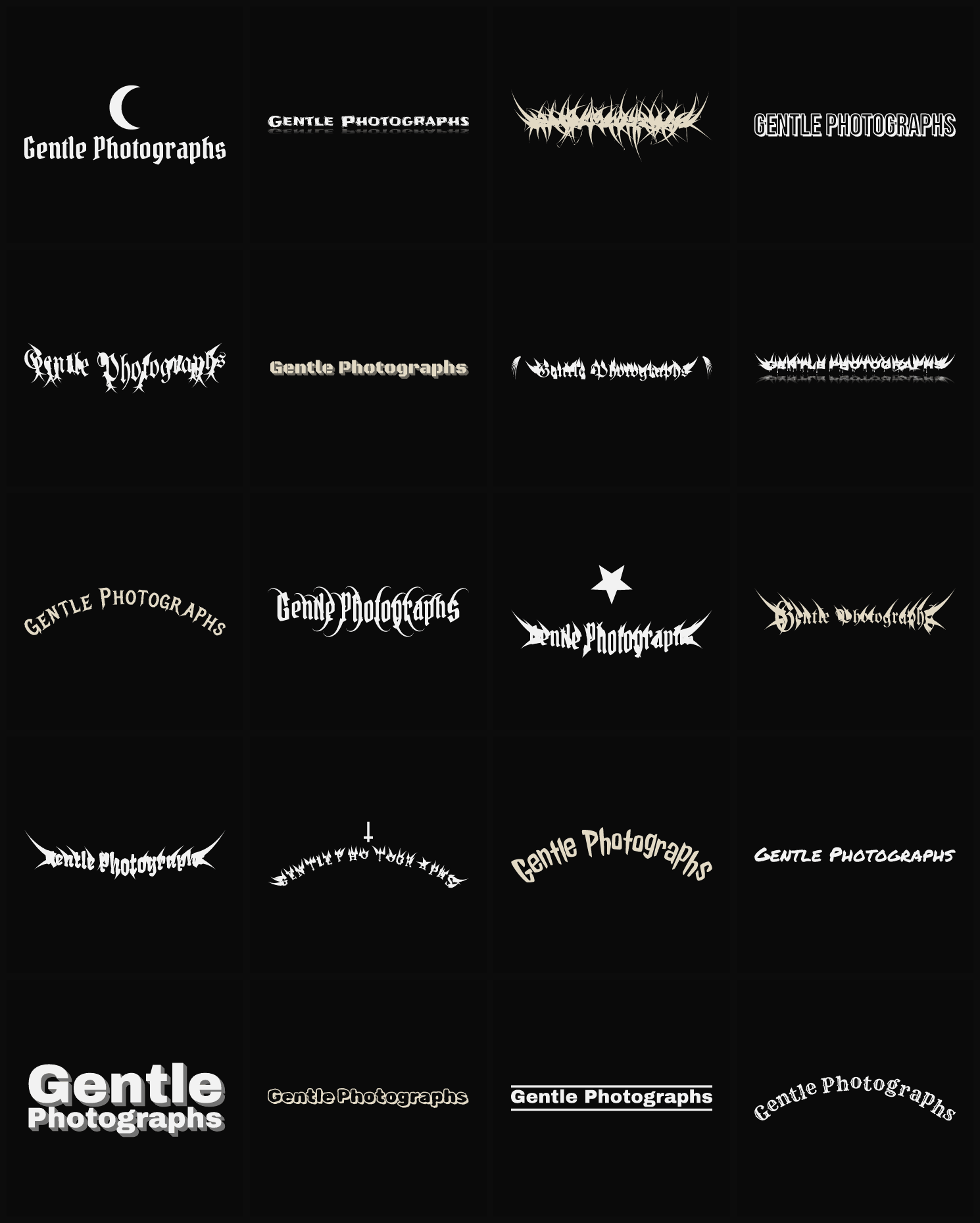 Twenty Gentle Photographs band logo ideas — different faces, treatments and spike settings
