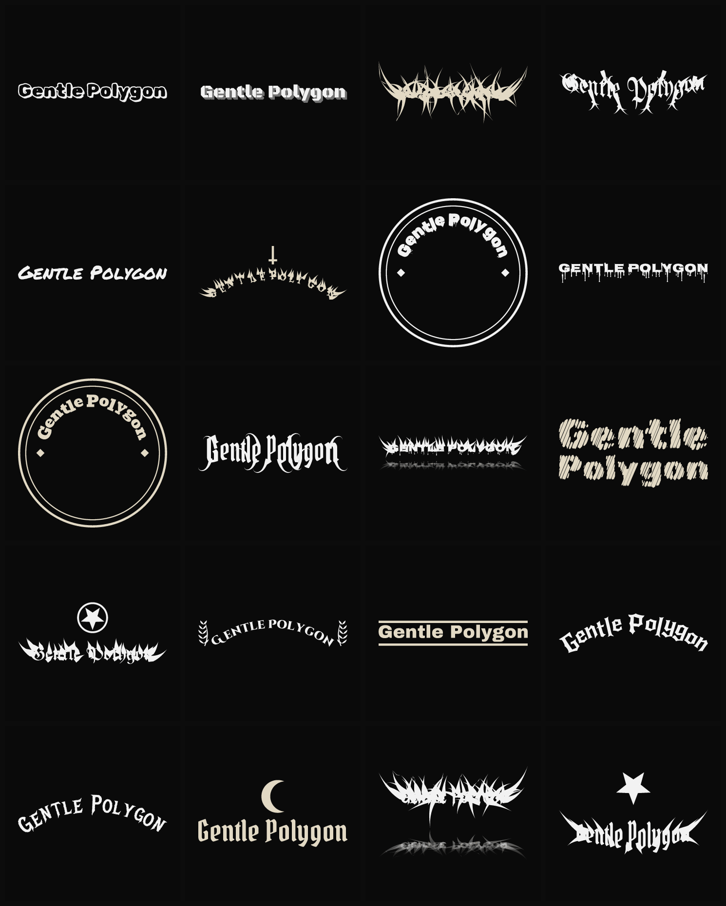 Twenty Gentle Polygon band logo ideas — different faces, treatments and spike settings