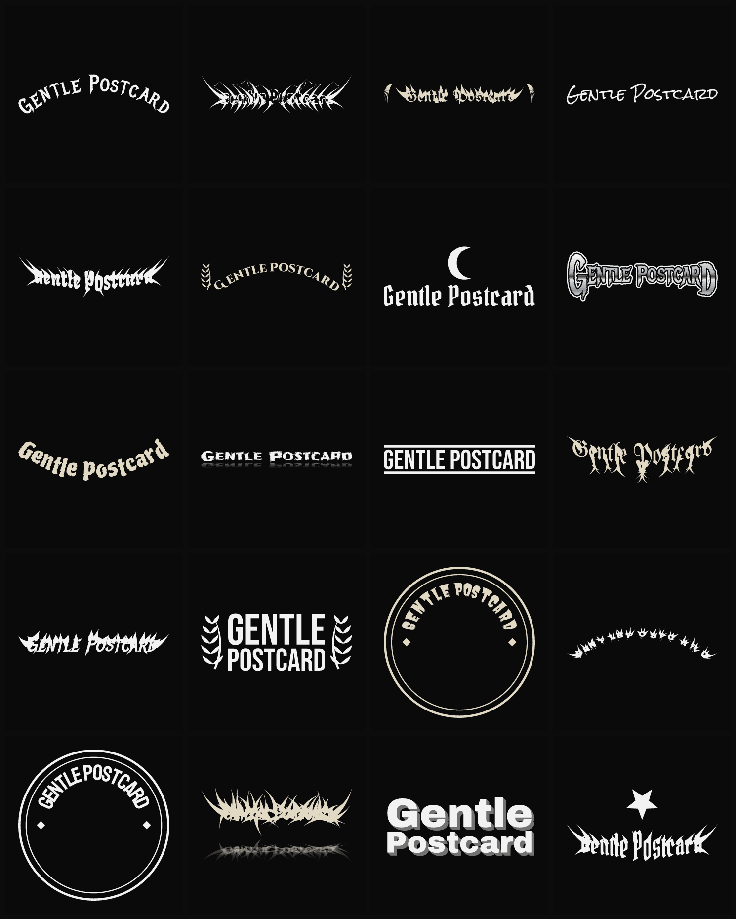 Twenty Gentle Postcard band logo ideas — different faces, treatments and spike settings