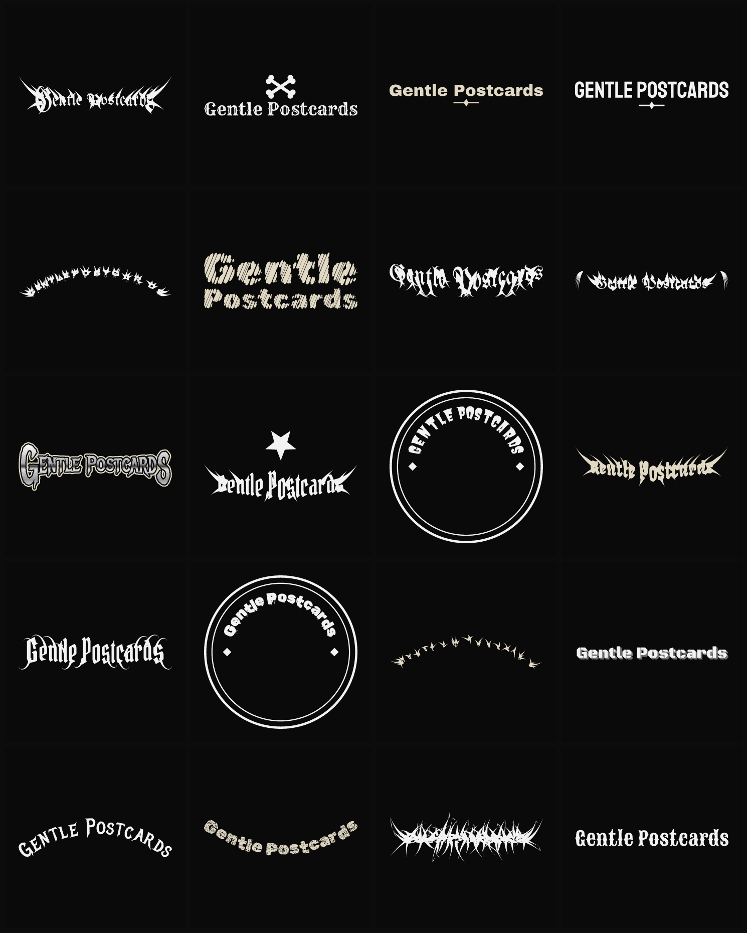 Twenty Gentle Postcards band logo ideas — different faces, treatments and spike settings