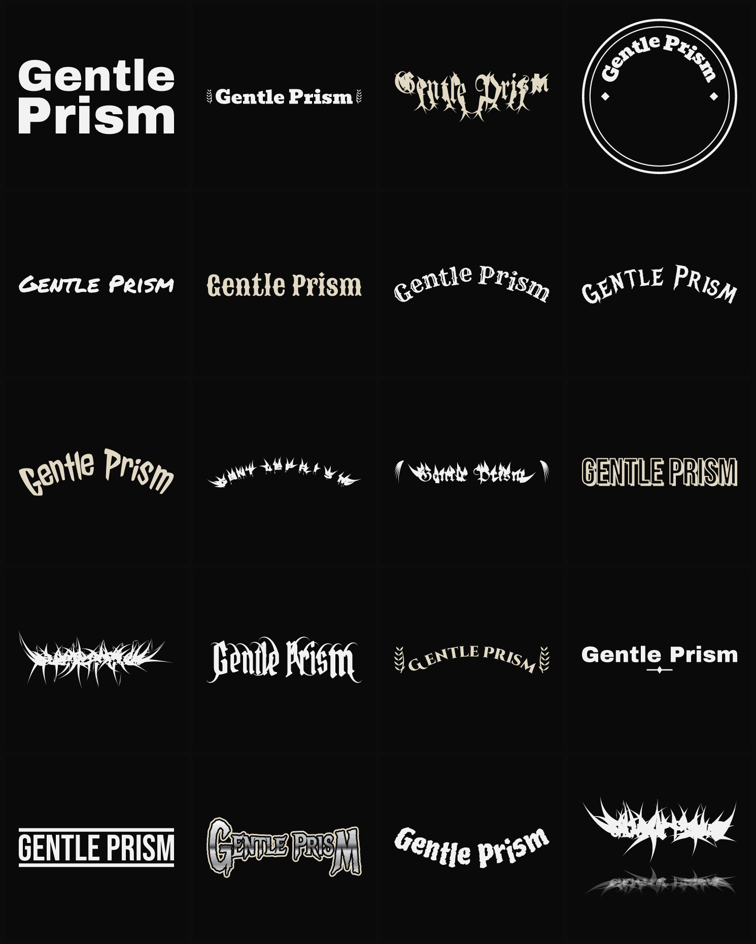 Twenty Gentle Prism band logo ideas — different faces, treatments and spike settings