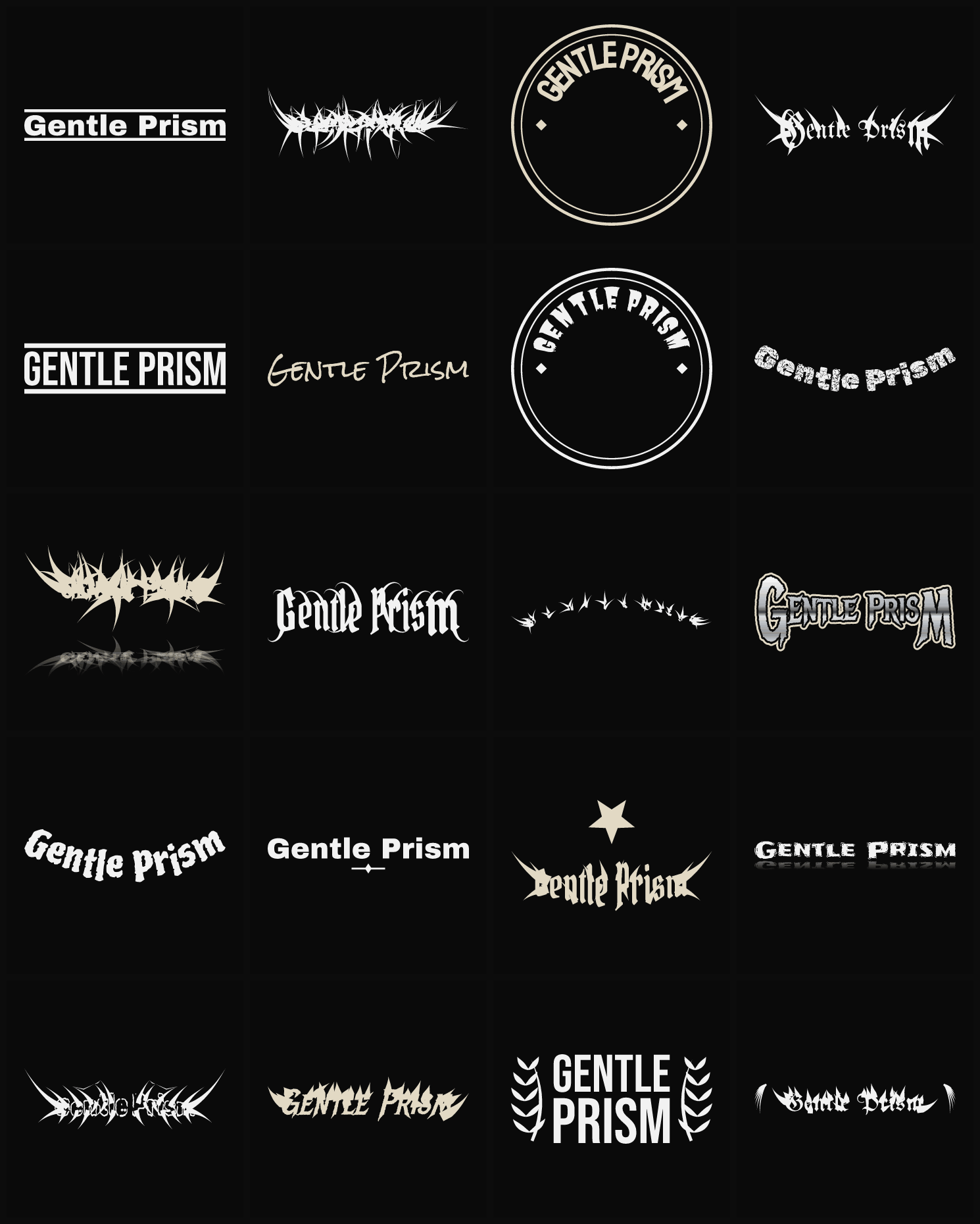 Twenty Gentle Prism band logo ideas — different faces, treatments and spike settings
