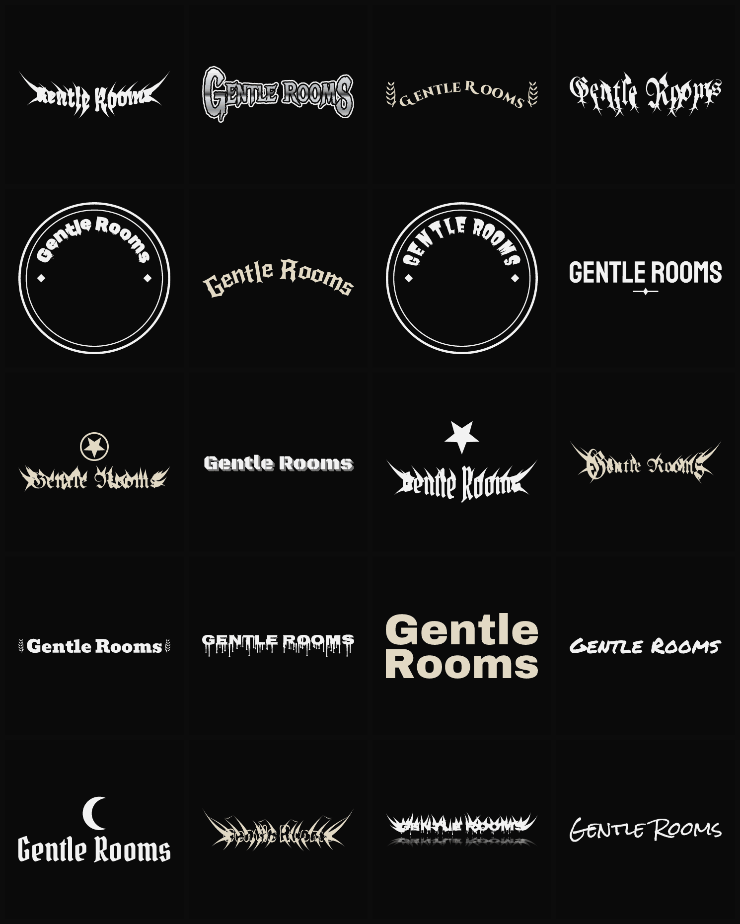 Twenty Gentle Rooms band logo ideas — different faces, treatments and spike settings