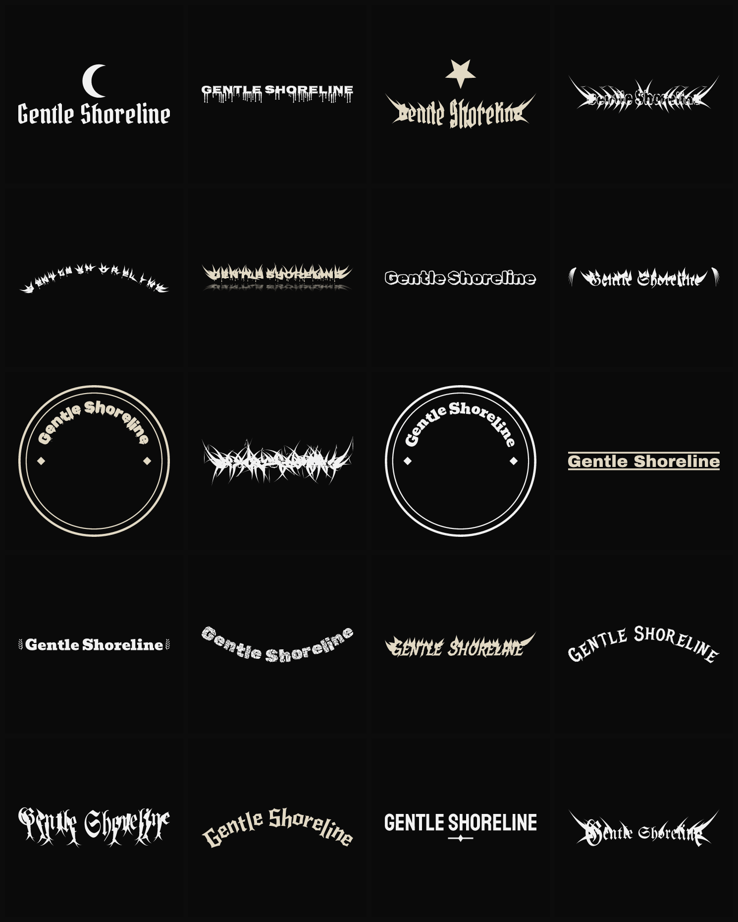 Twenty Gentle Shoreline band logo ideas — different faces, treatments and spike settings