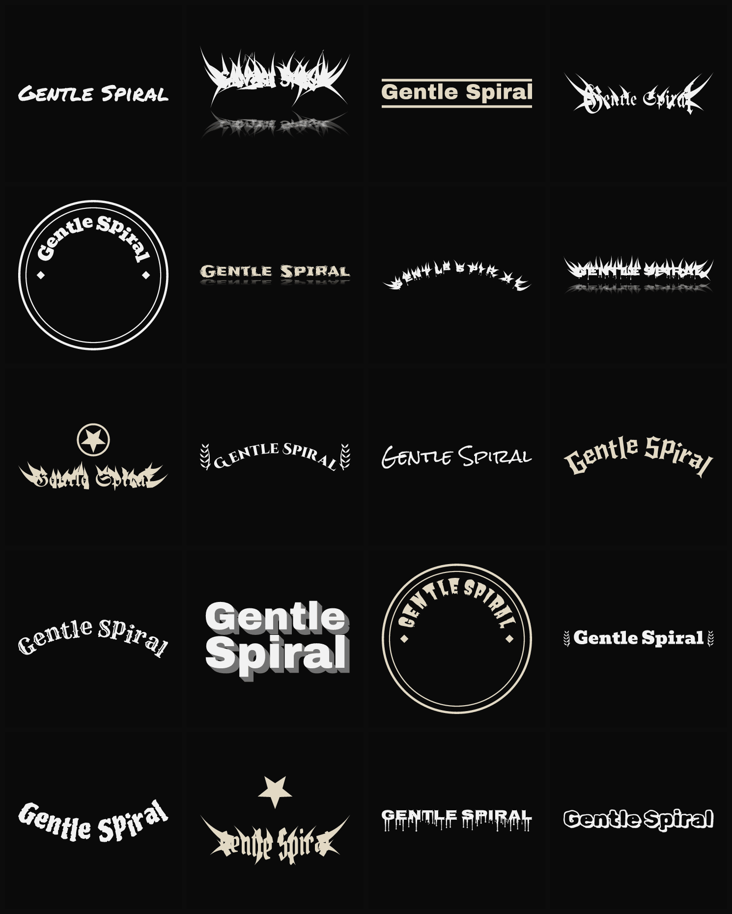 Twenty Gentle Spiral band logo ideas — different faces, treatments and spike settings