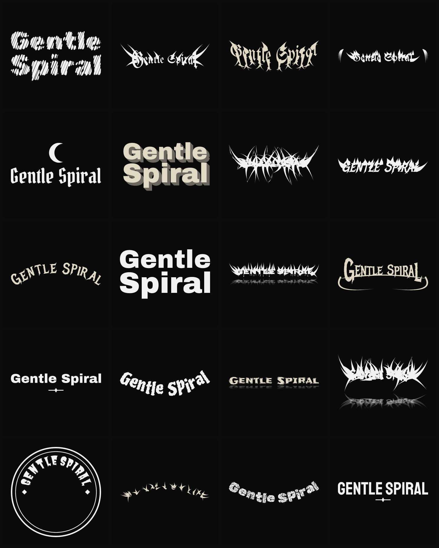 Twenty Gentle Spiral band logo ideas — different faces, treatments and spike settings