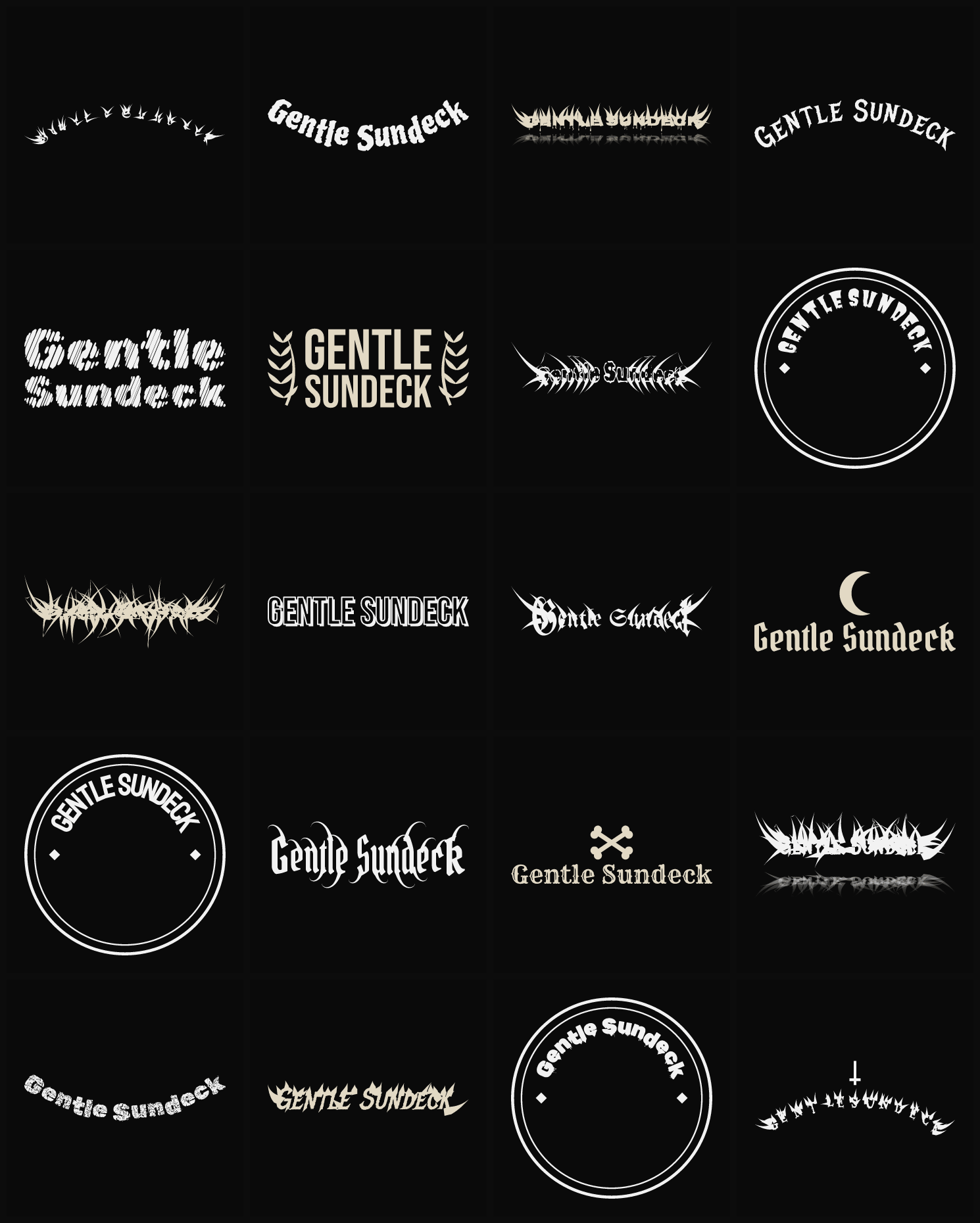 Twenty Gentle Sundeck band logo ideas — different faces, treatments and spike settings