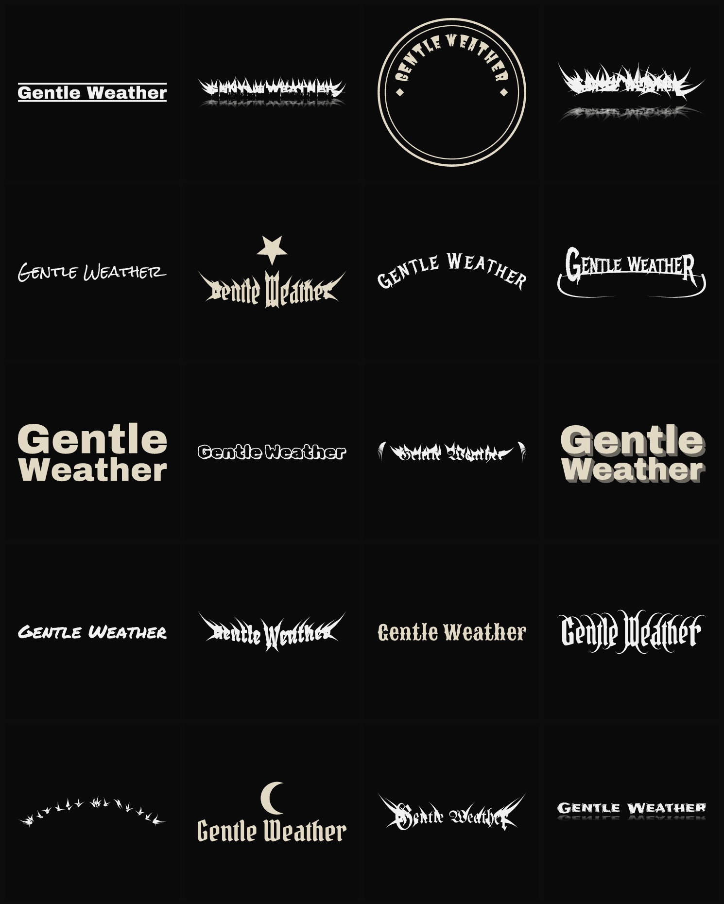 Twenty Gentle Weather band logo ideas — different faces, treatments and spike settings