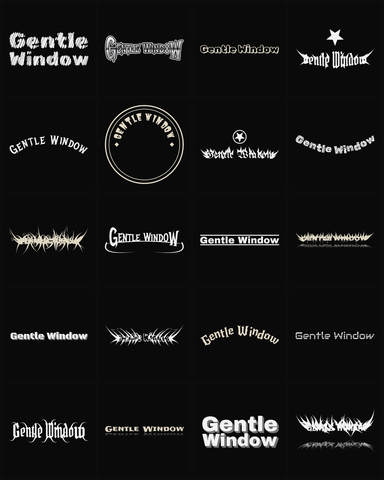 Twenty Gentle Window band logo ideas — different faces, treatments and spike settings