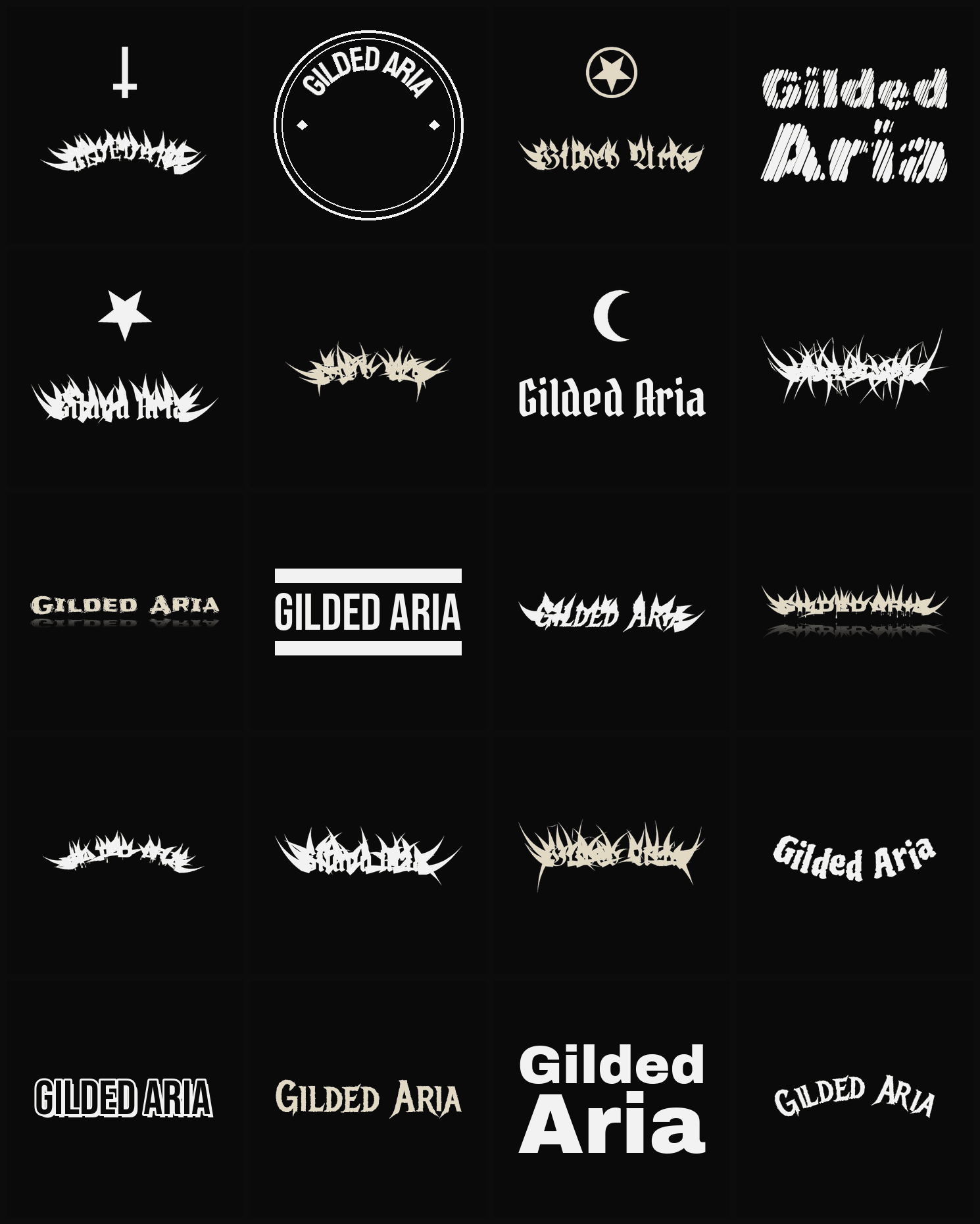 Twenty Gilded Aria band logo ideas — different faces, treatments and spike settings
