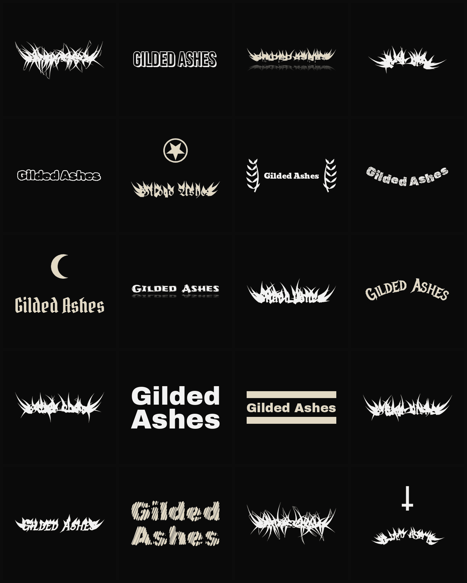 Twenty Gilded Ashes band logo ideas — different faces, treatments and spike settings