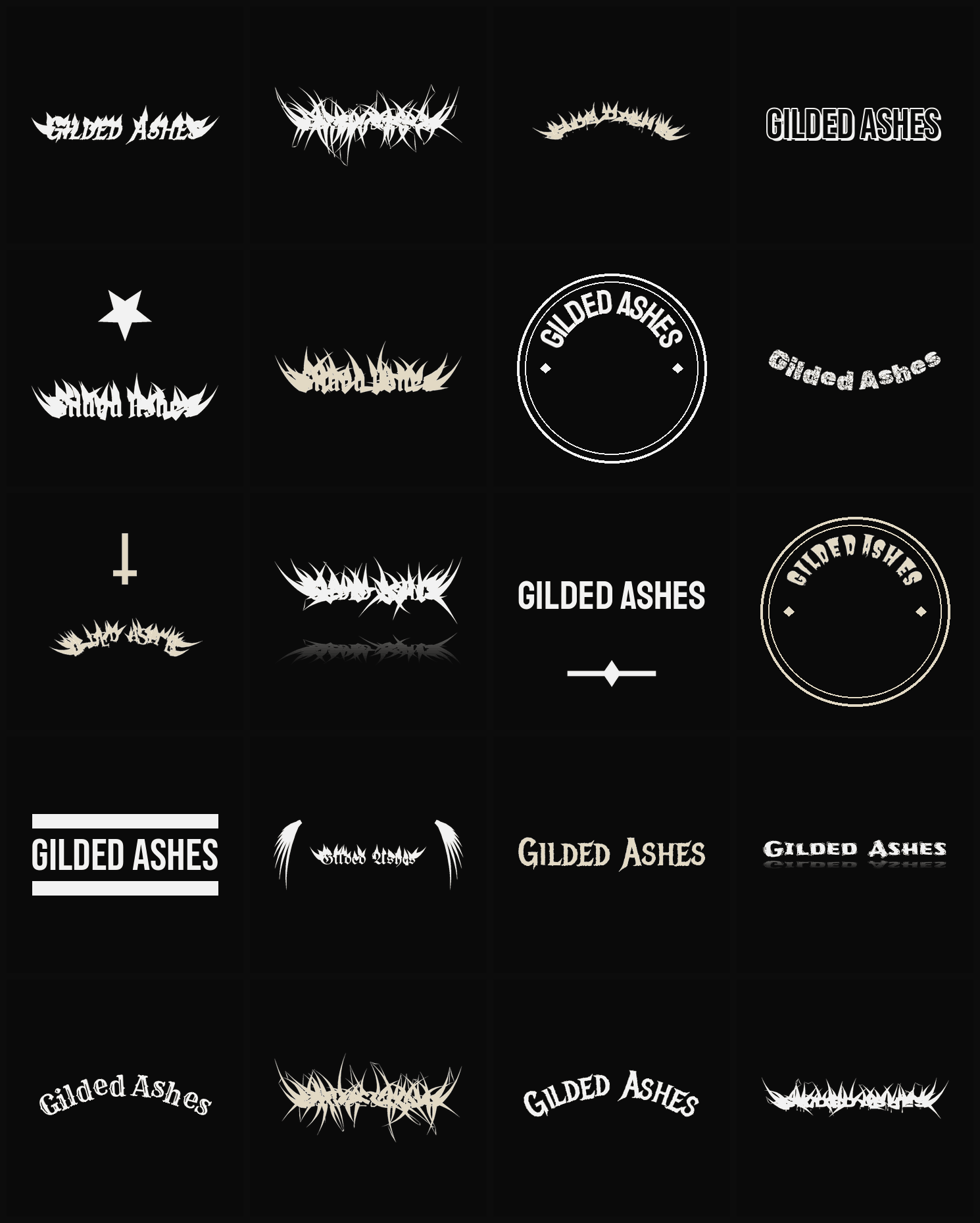 Twenty Gilded Ashes band logo ideas — different faces, treatments and spike settings