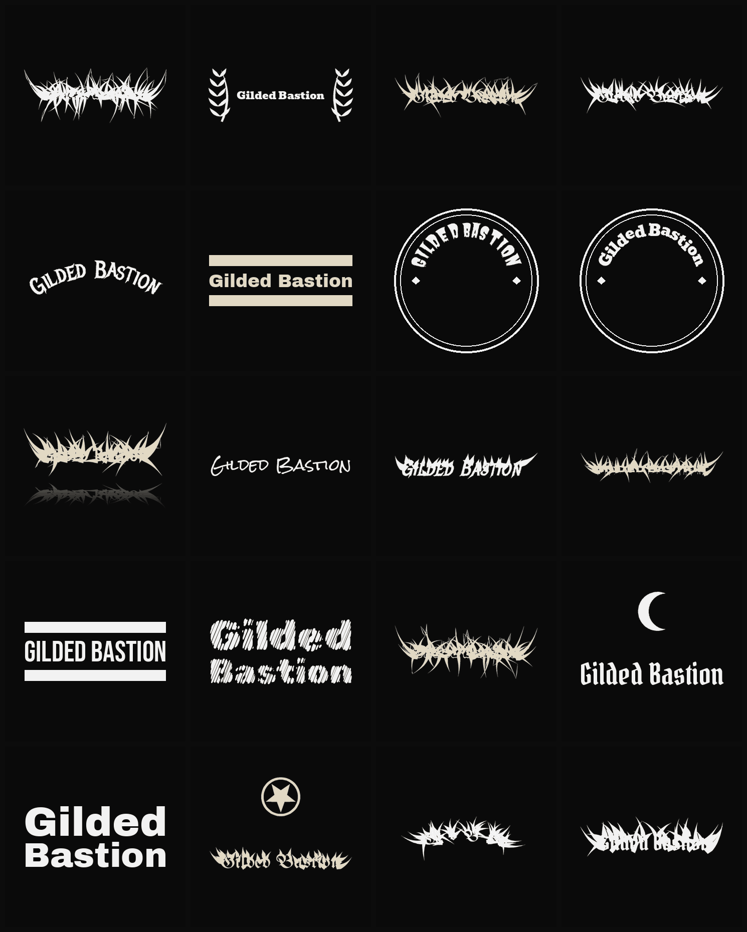 Twenty Gilded Bastion band logo ideas — different faces, treatments and spike settings