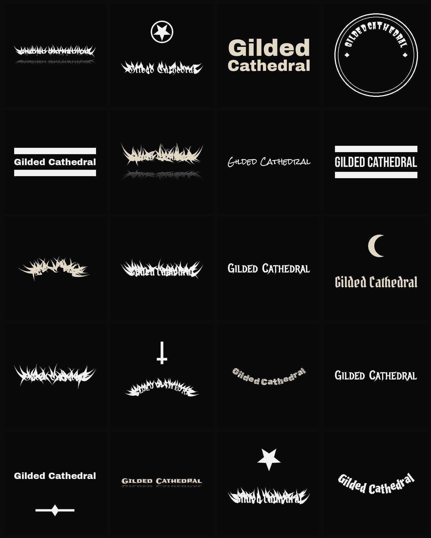Twenty Gilded Cathedral band logo ideas — different faces, treatments and spike settings