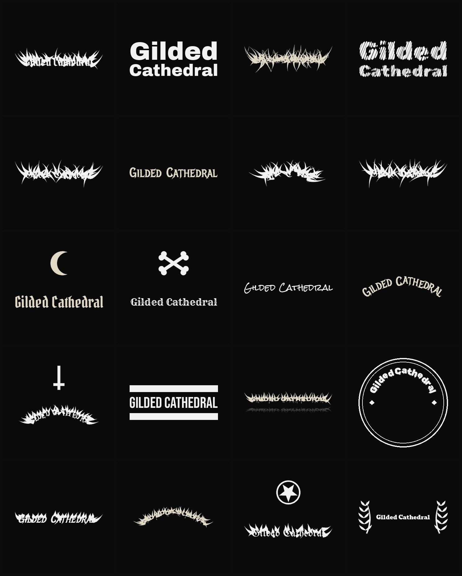 Twenty Gilded Cathedral band logo ideas — different faces, treatments and spike settings