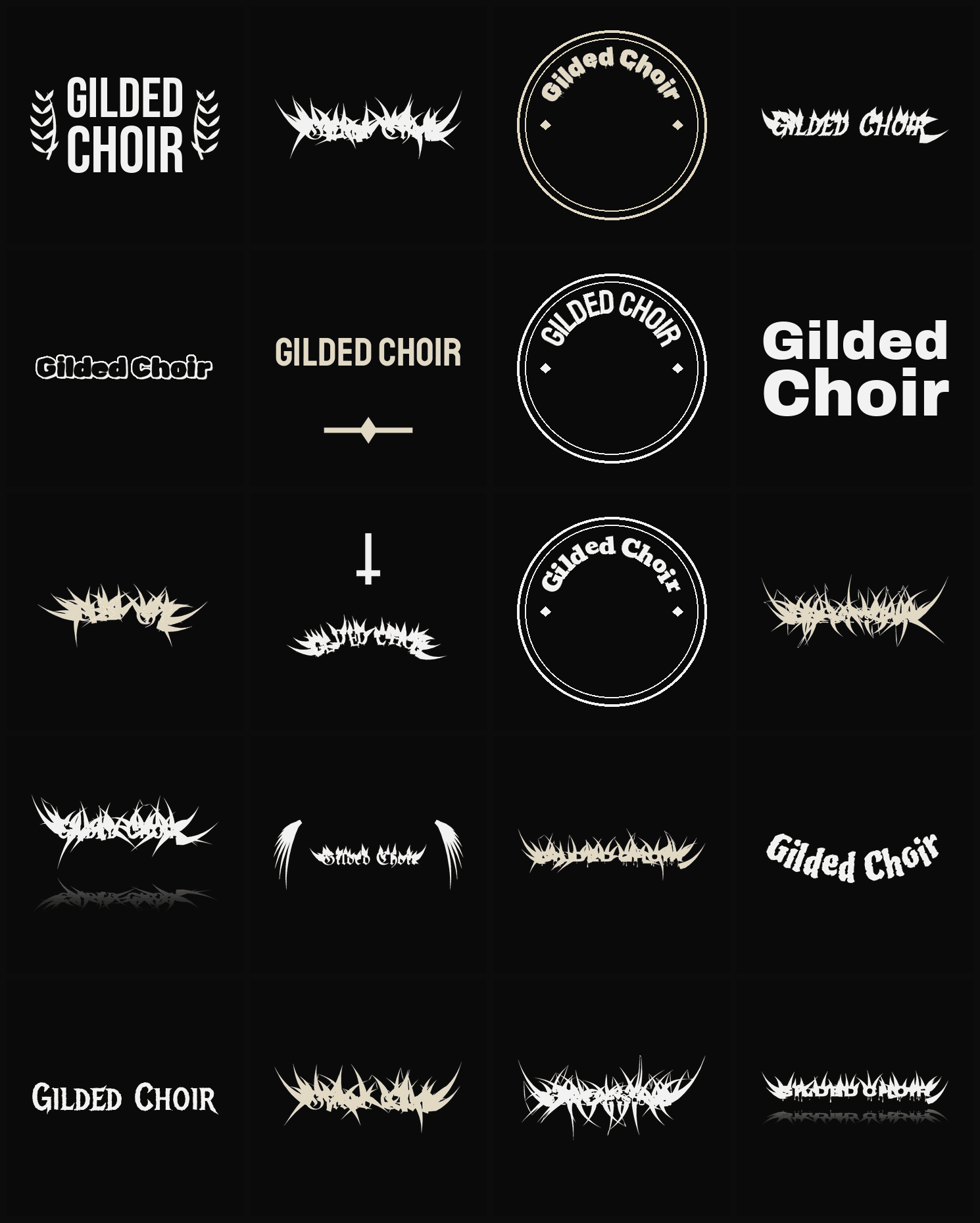 Twenty Gilded Choir band logo ideas — different faces, treatments and spike settings