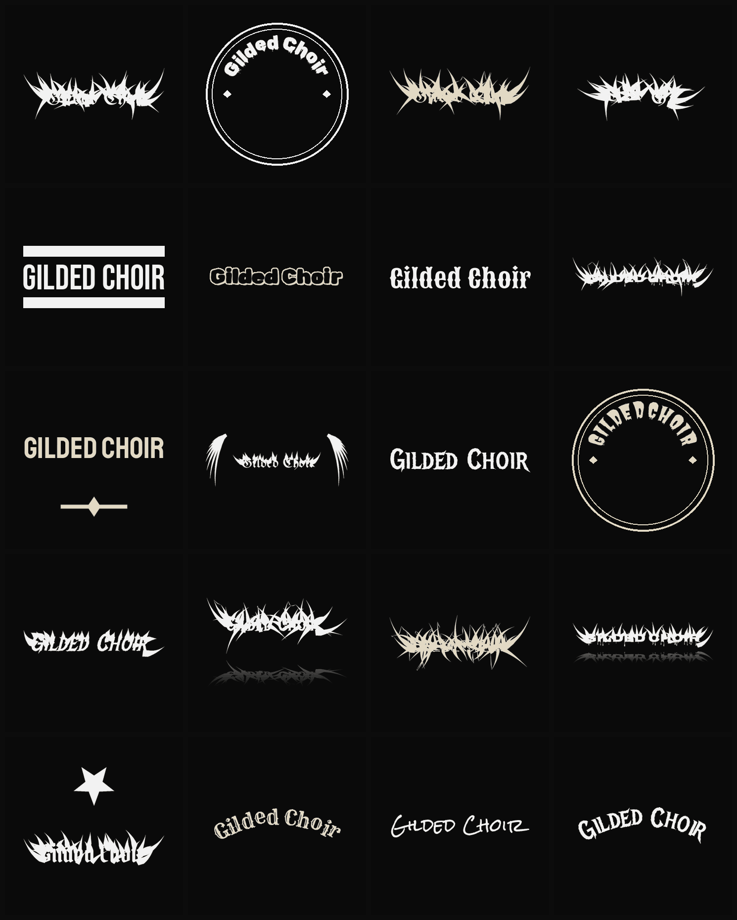 Twenty Gilded Choir band logo ideas — different faces, treatments and spike settings
