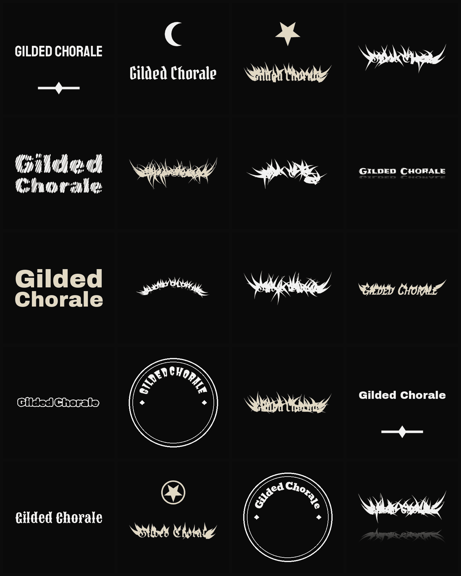 Twenty Gilded Chorale band logo ideas — different faces, treatments and spike settings