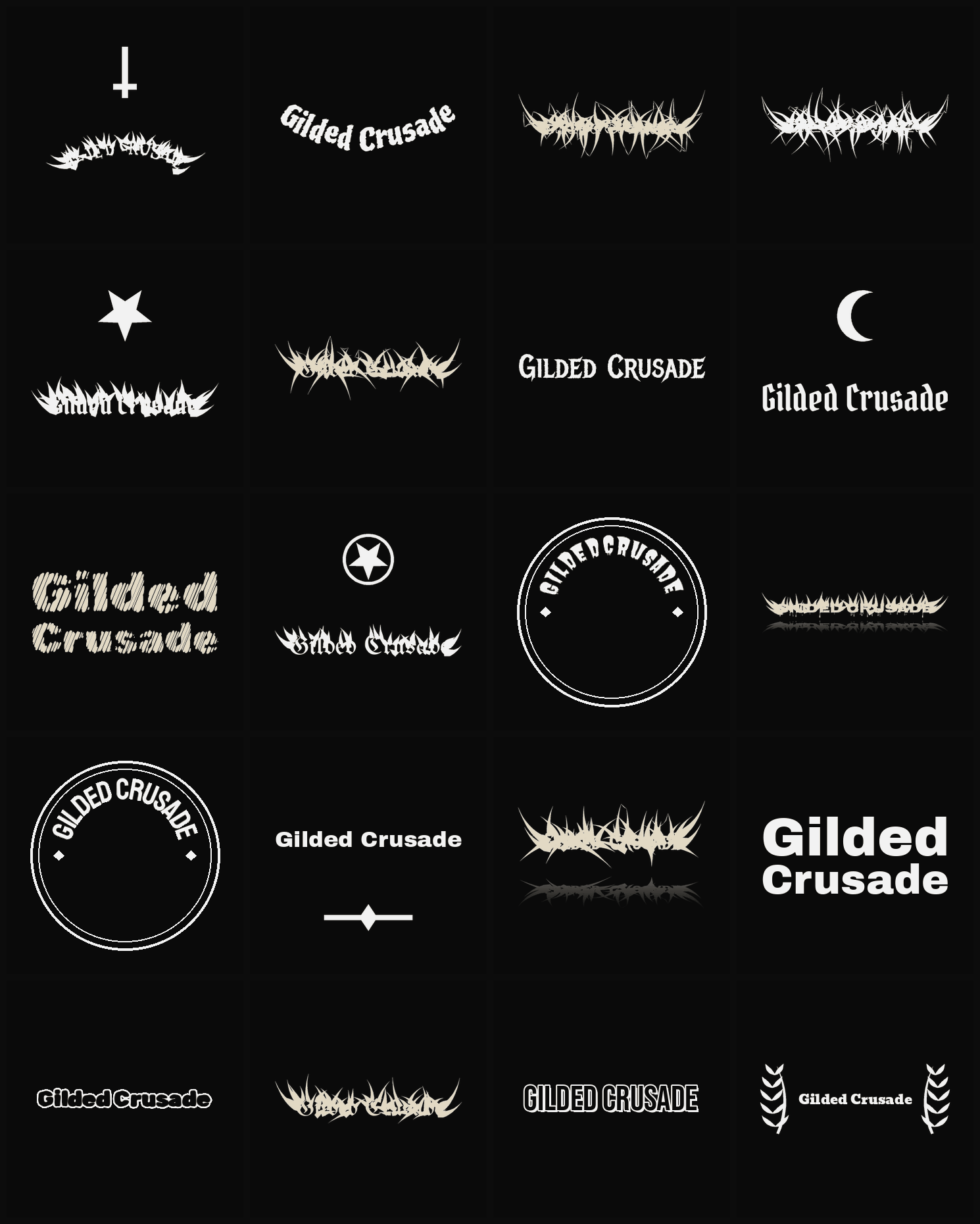Twenty Gilded Crusade band logo ideas — different faces, treatments and spike settings
