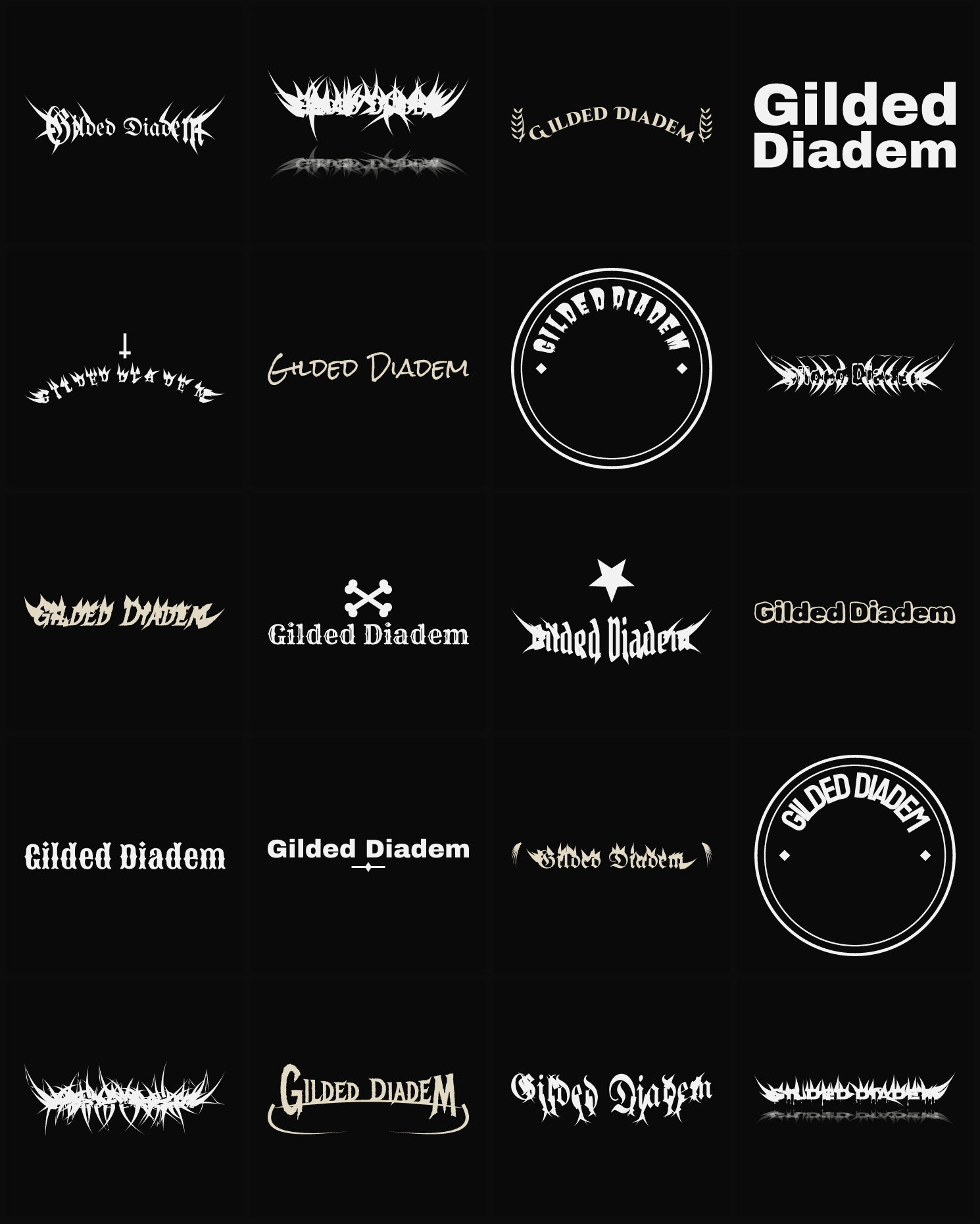 Twenty Gilded Diadem band logo ideas — different faces, treatments and spike settings