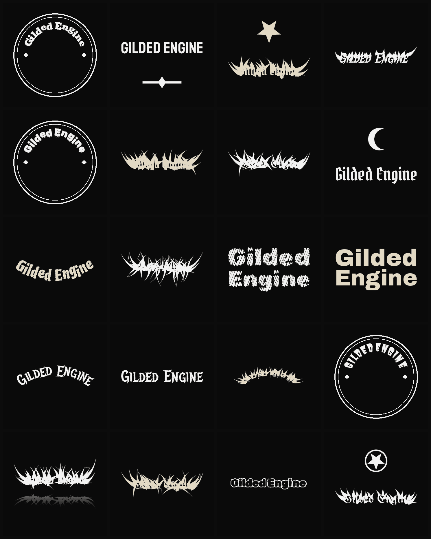 Twenty Gilded Engine band logo ideas — different faces, treatments and spike settings