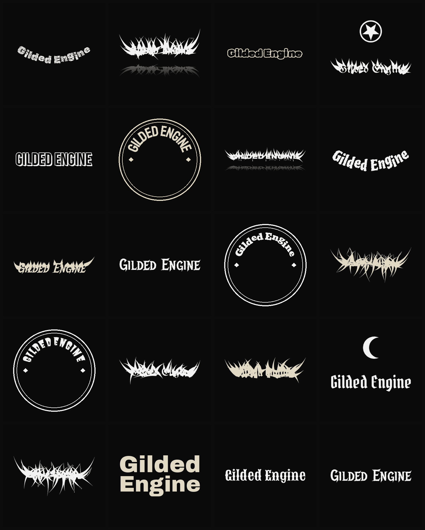 Twenty Gilded Engine band logo ideas — different faces, treatments and spike settings