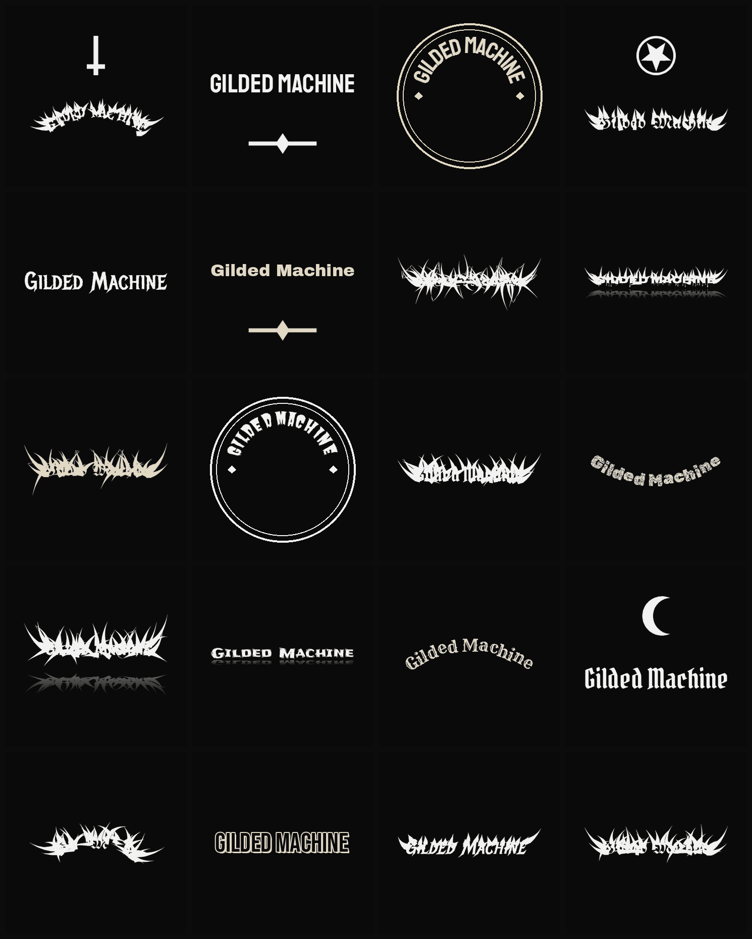 Twenty Gilded Machine band logo ideas — different faces, treatments and spike settings