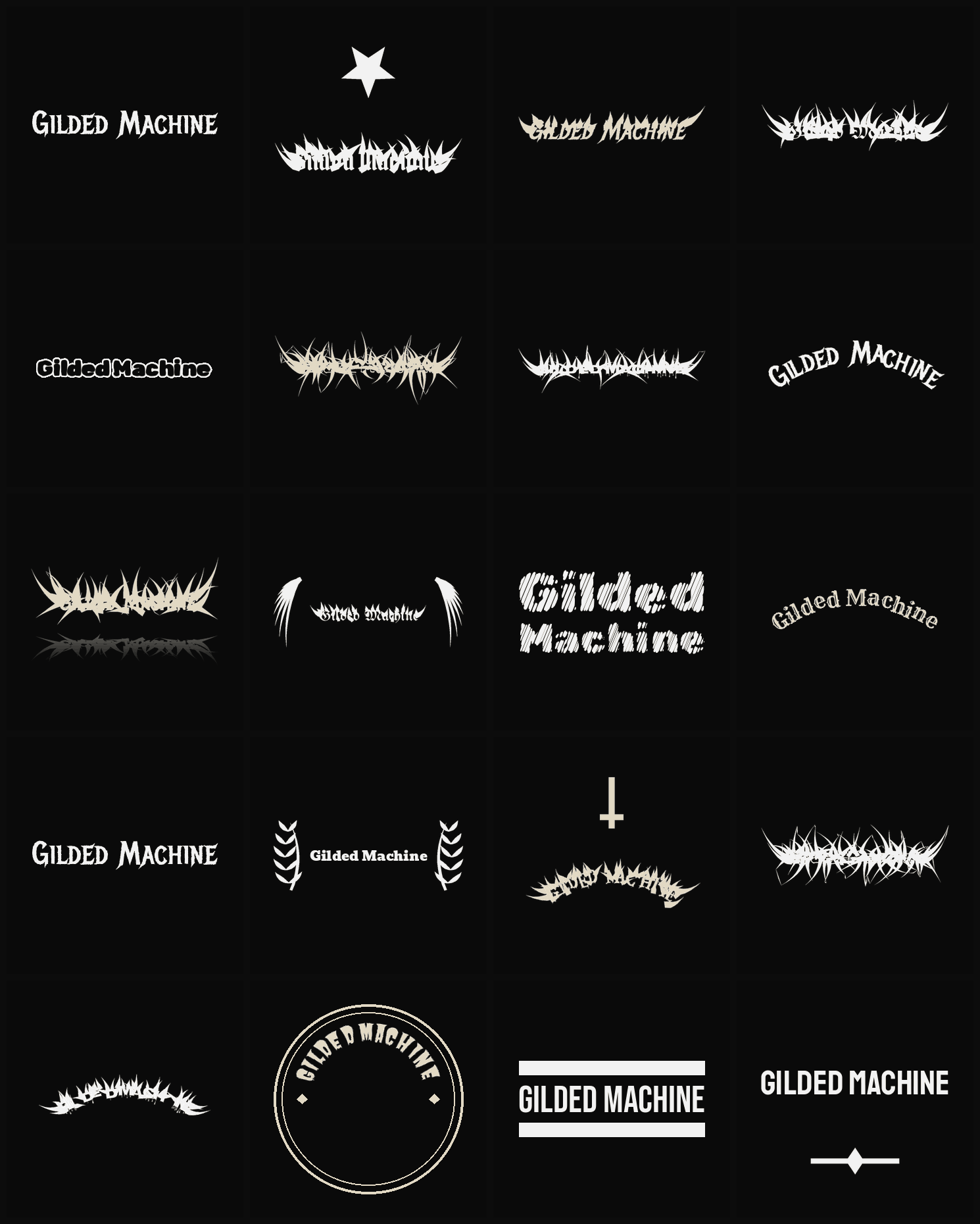 Twenty Gilded Machine band logo ideas — different faces, treatments and spike settings