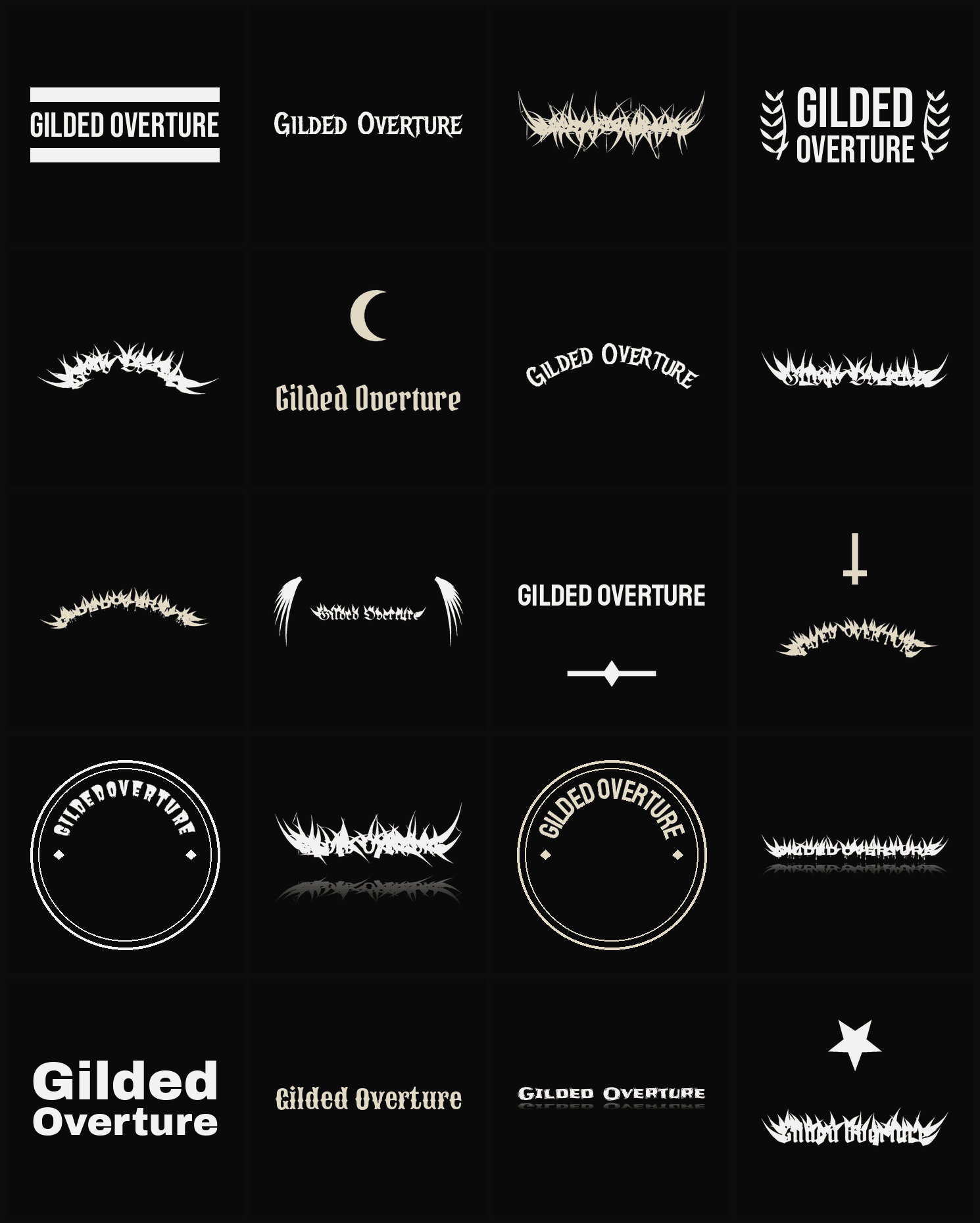 Twenty Gilded Overture band logo ideas — different faces, treatments and spike settings