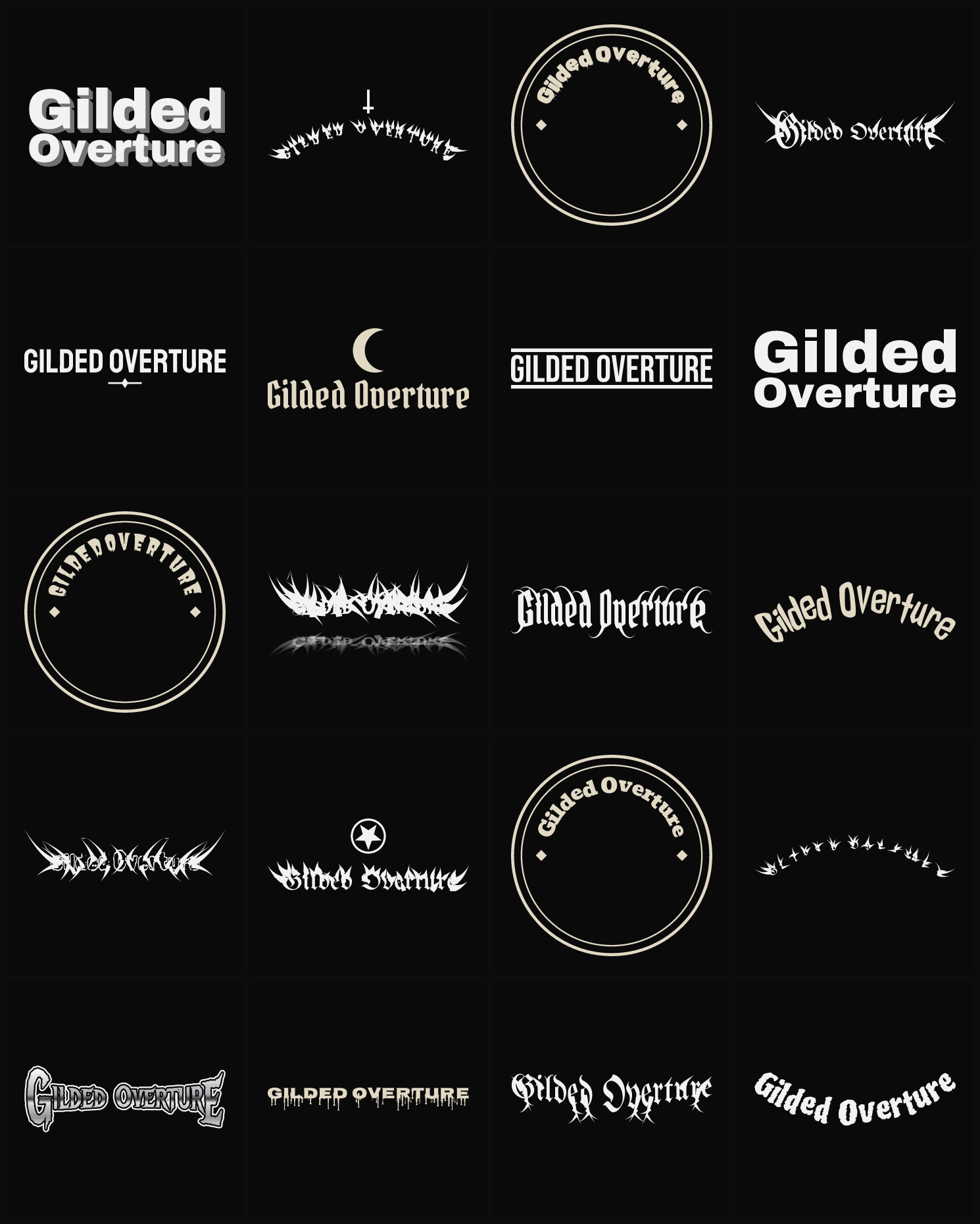 Twenty Gilded Overture band logo ideas — different faces, treatments and spike settings