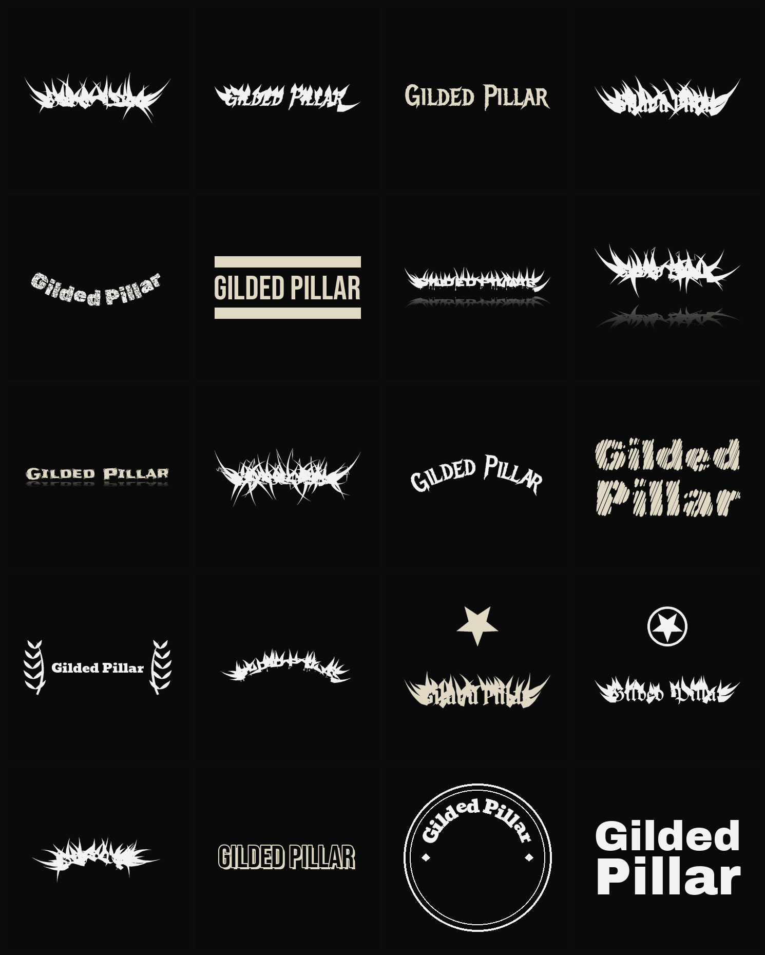 Twenty Gilded Pillar band logo ideas — different faces, treatments and spike settings
