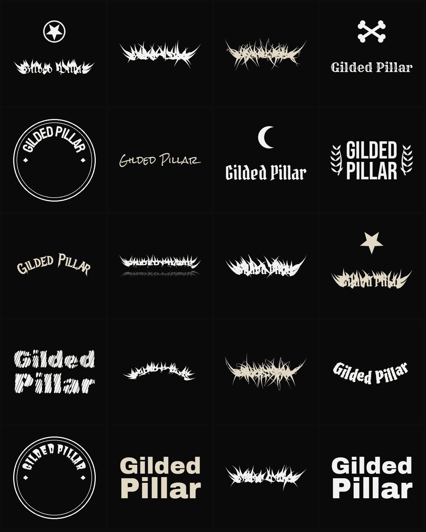 Twenty Gilded Pillar band logo ideas — different faces, treatments and spike settings