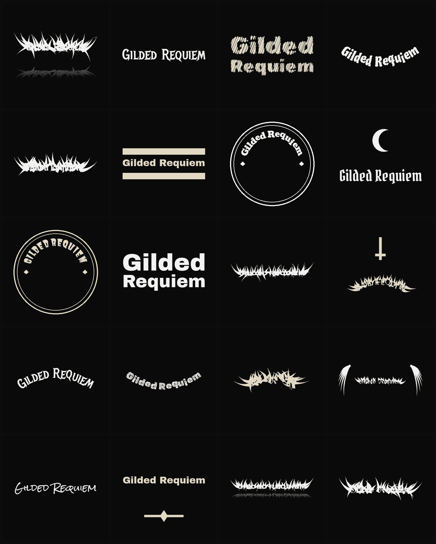 Twenty Gilded Requiem band logo ideas — different faces, treatments and spike settings