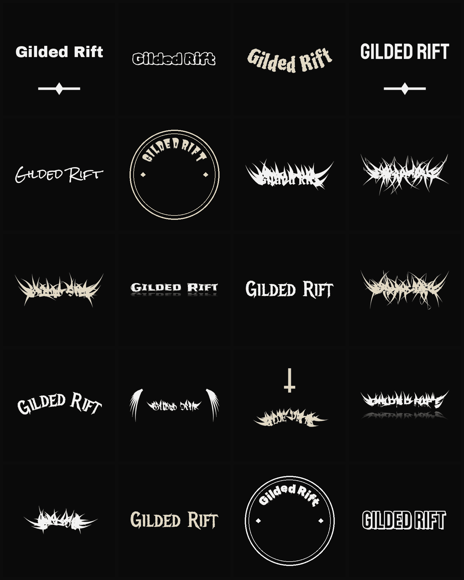 Twenty Gilded Rift band logo ideas — different faces, treatments and spike settings