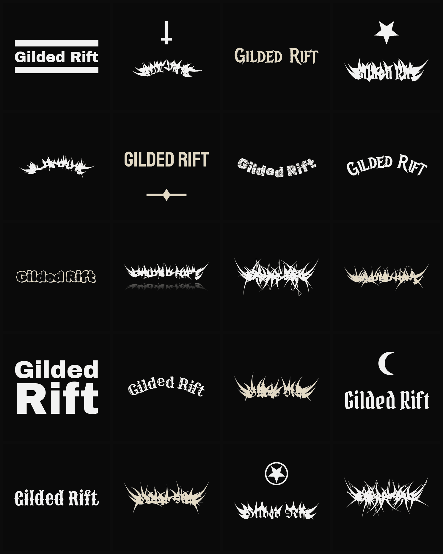 Twenty Gilded Rift band logo ideas — different faces, treatments and spike settings