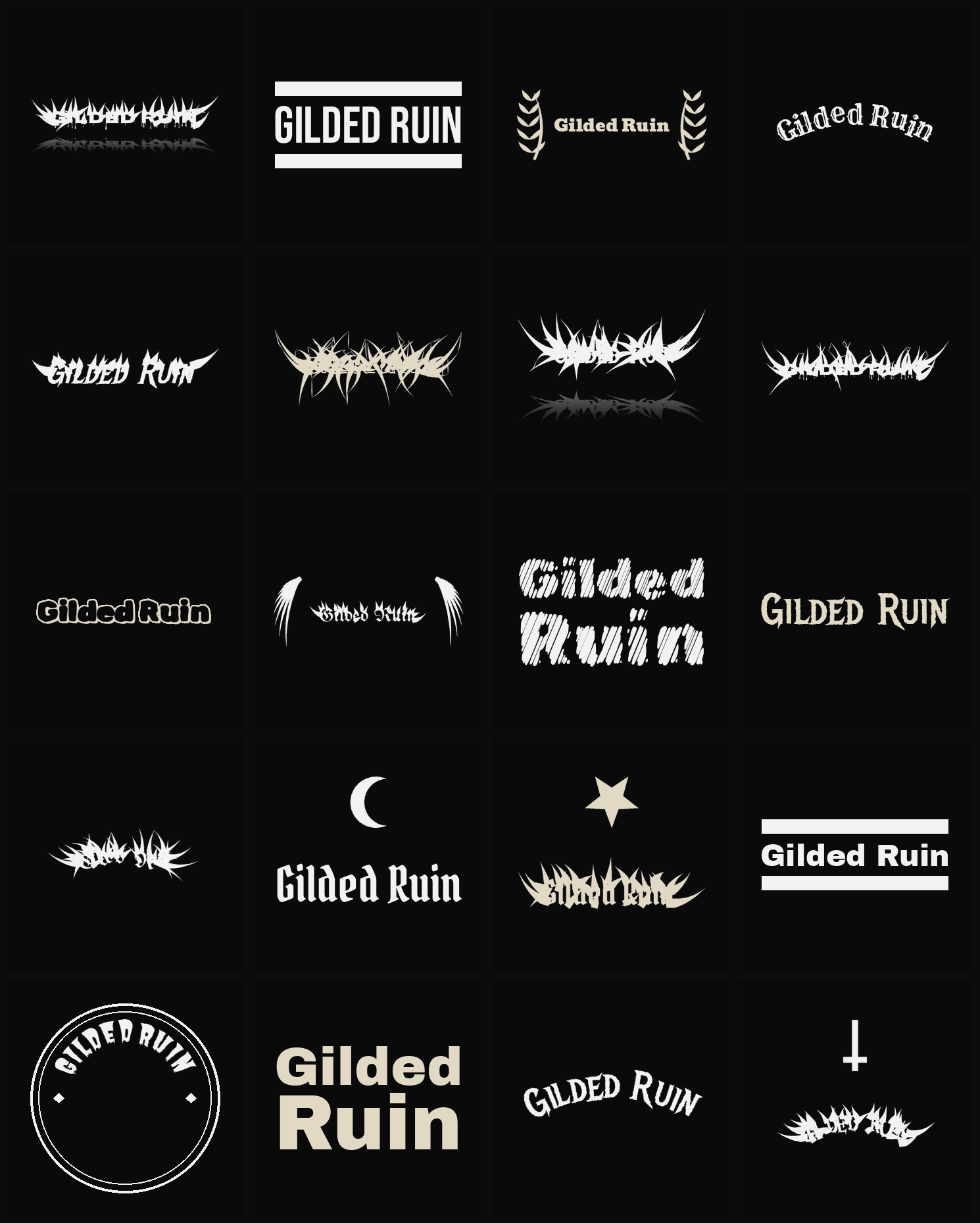 Twenty Gilded Ruin band logo ideas — different faces, treatments and spike settings