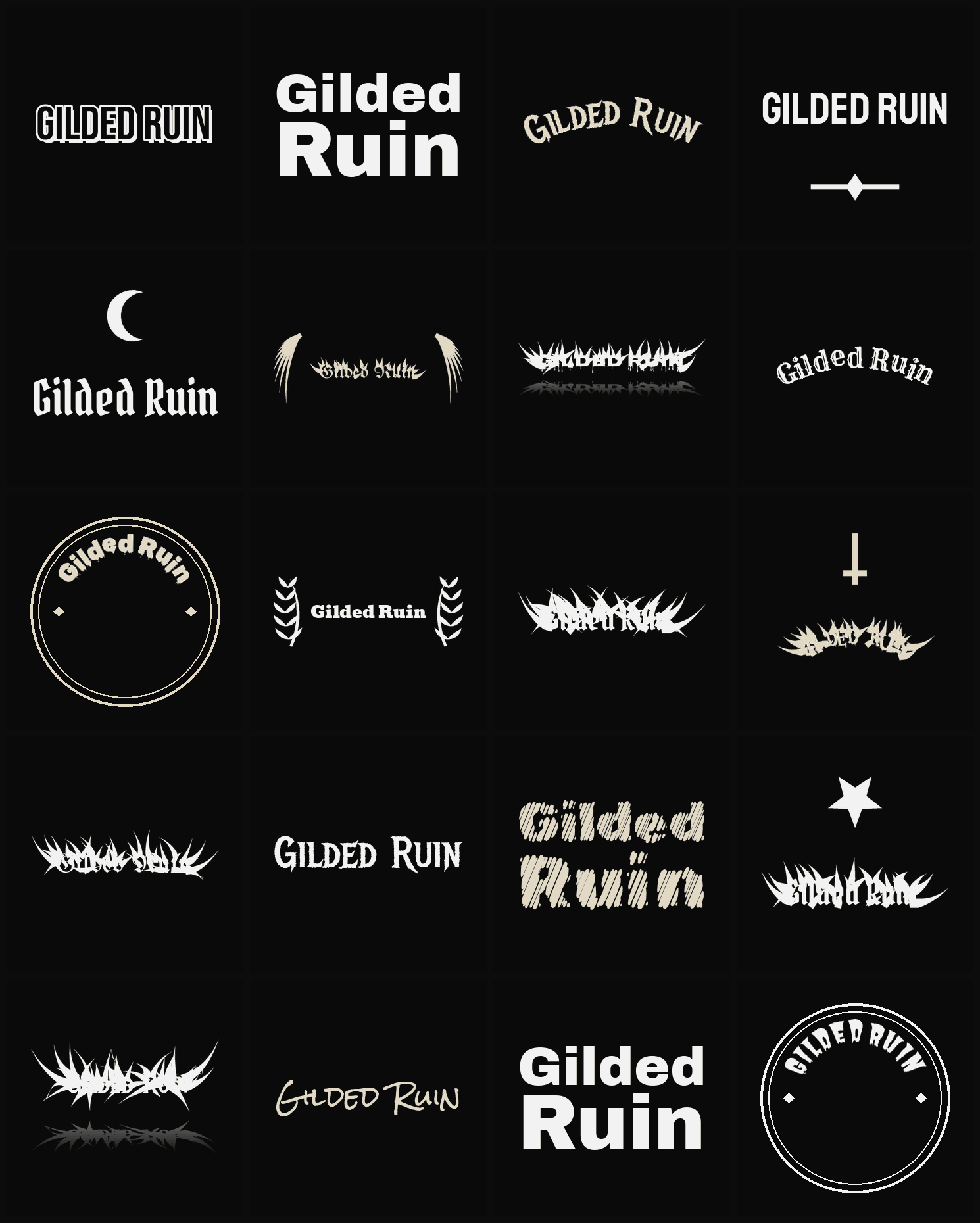 Twenty Gilded Ruin band logo ideas — different faces, treatments and spike settings