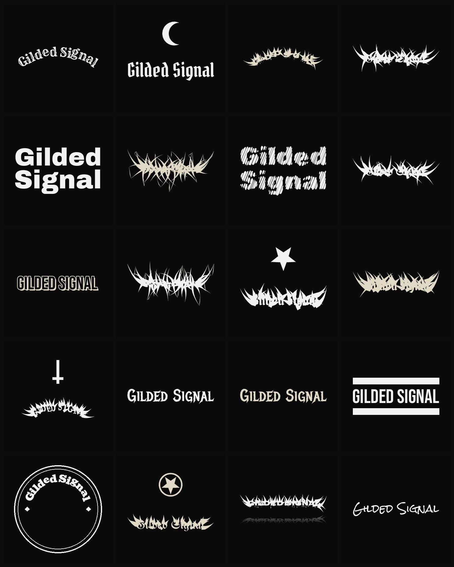 Twenty Gilded Signal band logo ideas — different faces, treatments and spike settings