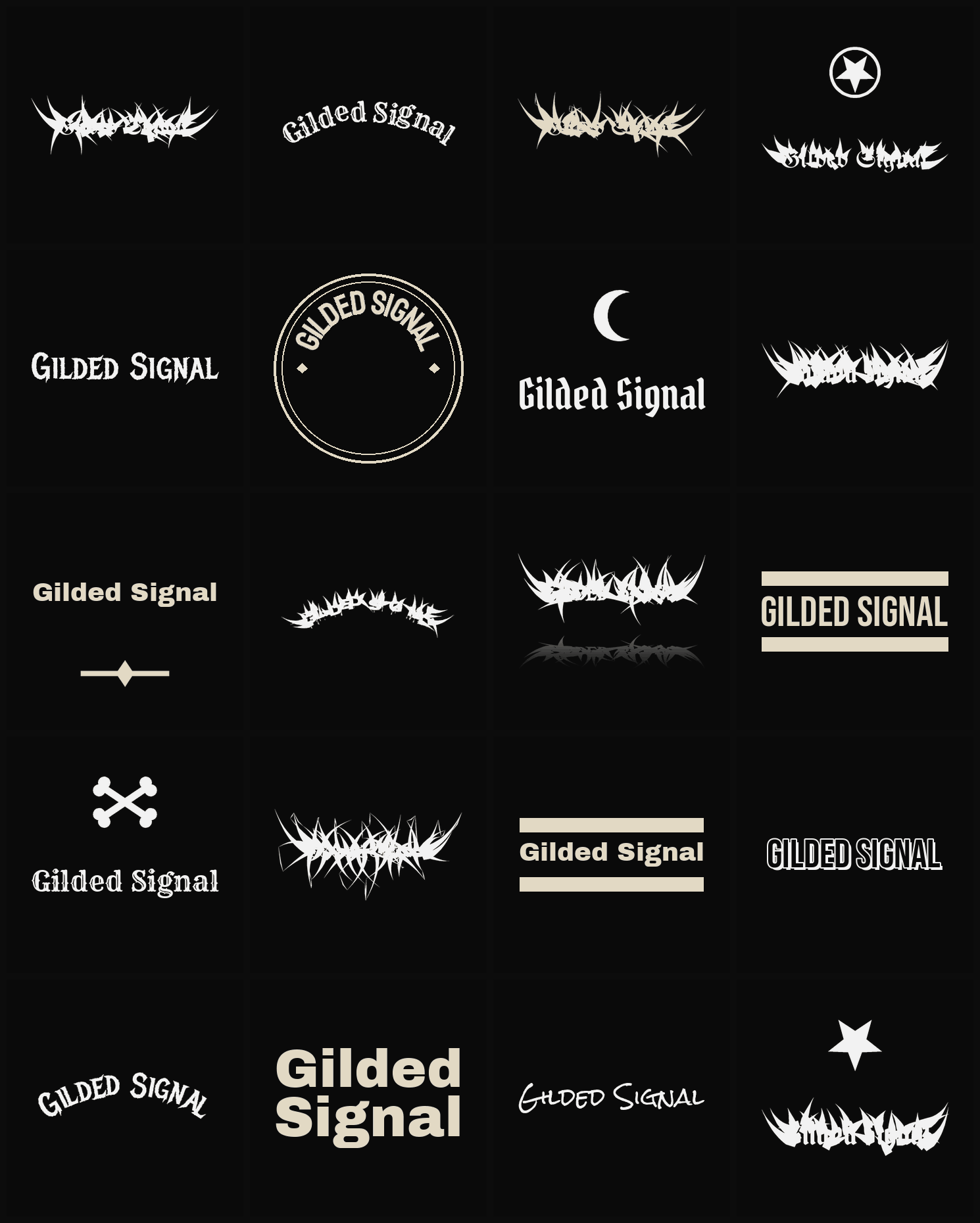 Twenty Gilded Signal band logo ideas — different faces, treatments and spike settings