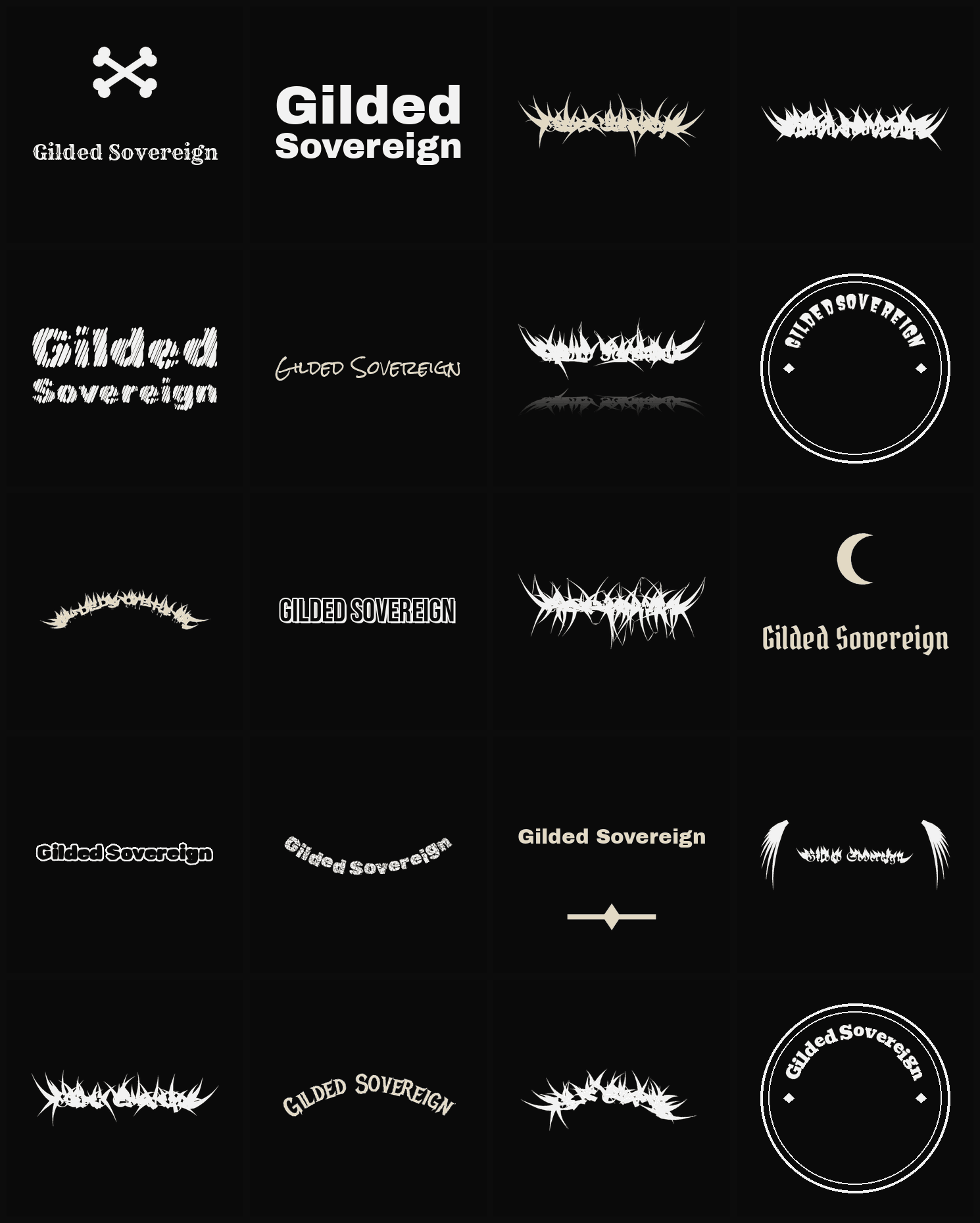Twenty Gilded Sovereign band logo ideas — different faces, treatments and spike settings