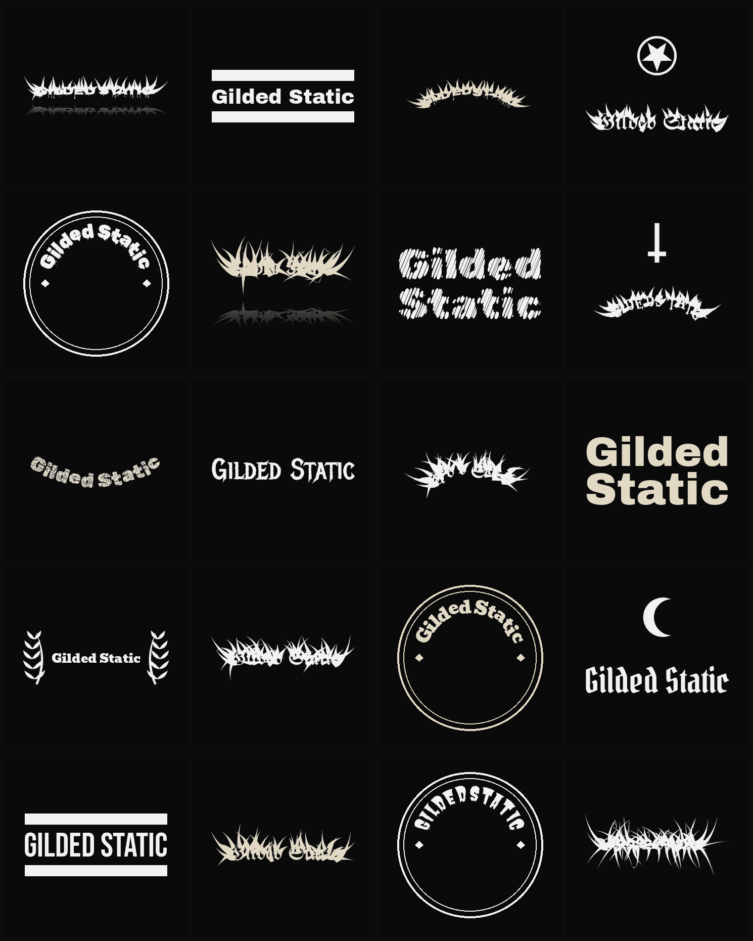 Twenty Gilded Static band logo ideas — different faces, treatments and spike settings