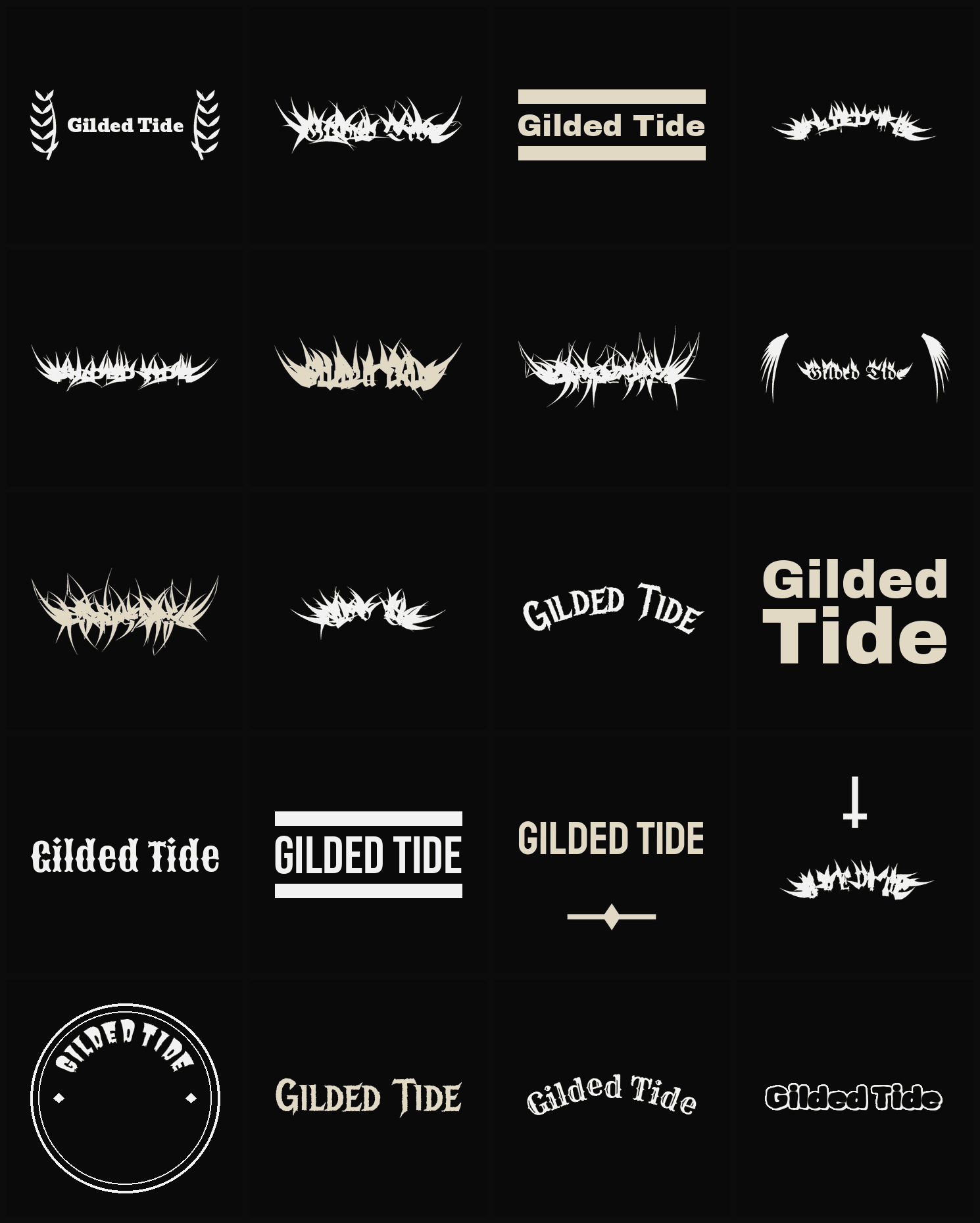 Twenty Gilded Tide band logo ideas — different faces, treatments and spike settings