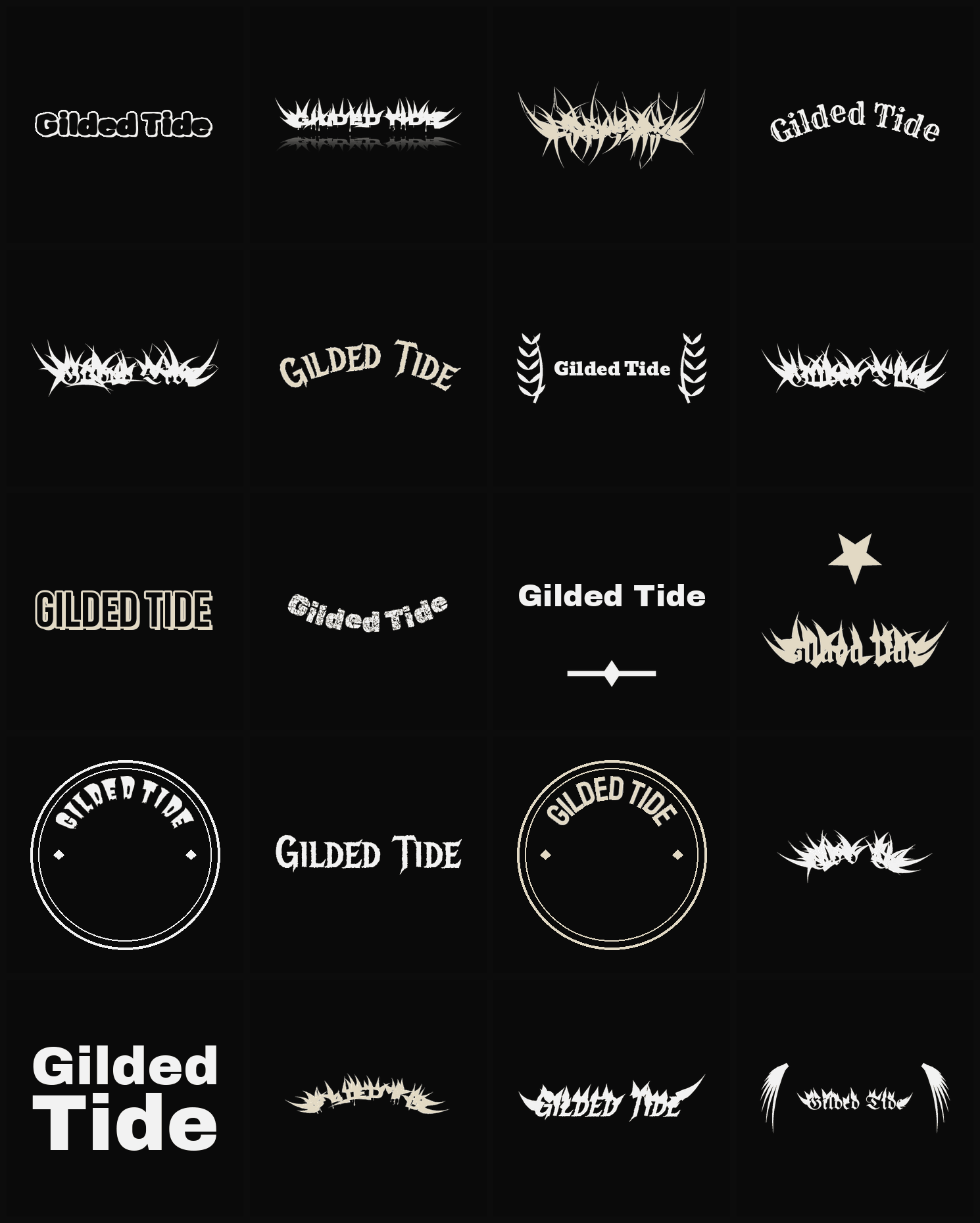 Twenty Gilded Tide band logo ideas — different faces, treatments and spike settings