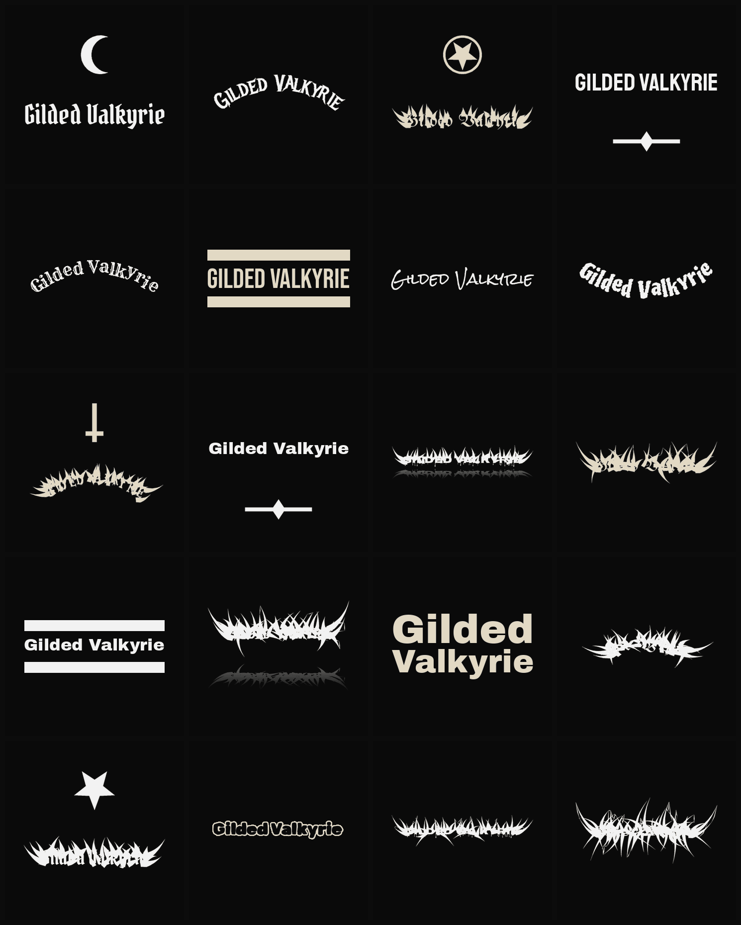 Twenty Gilded Valkyrie band logo ideas — different faces, treatments and spike settings