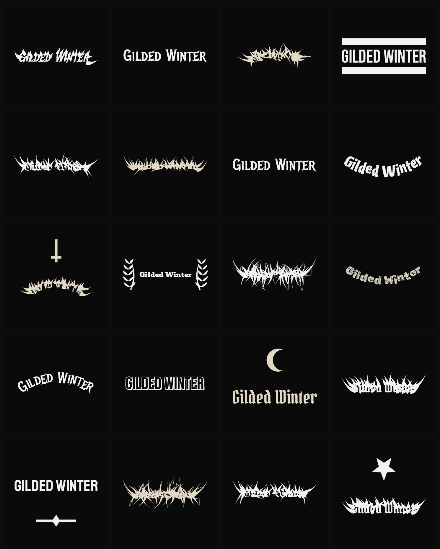 Twenty Gilded Winter band logo ideas — different faces, treatments and spike settings