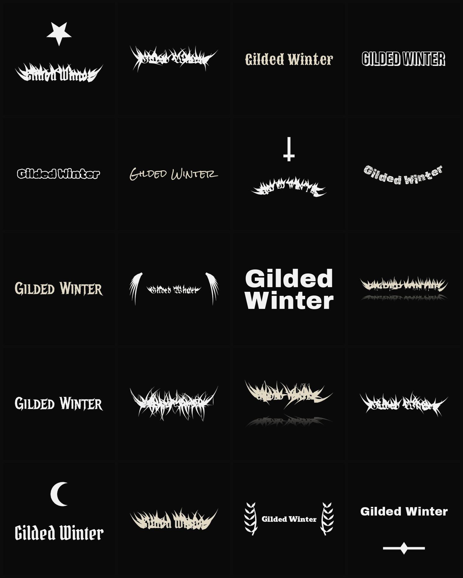 Twenty Gilded Winter band logo ideas — different faces, treatments and spike settings