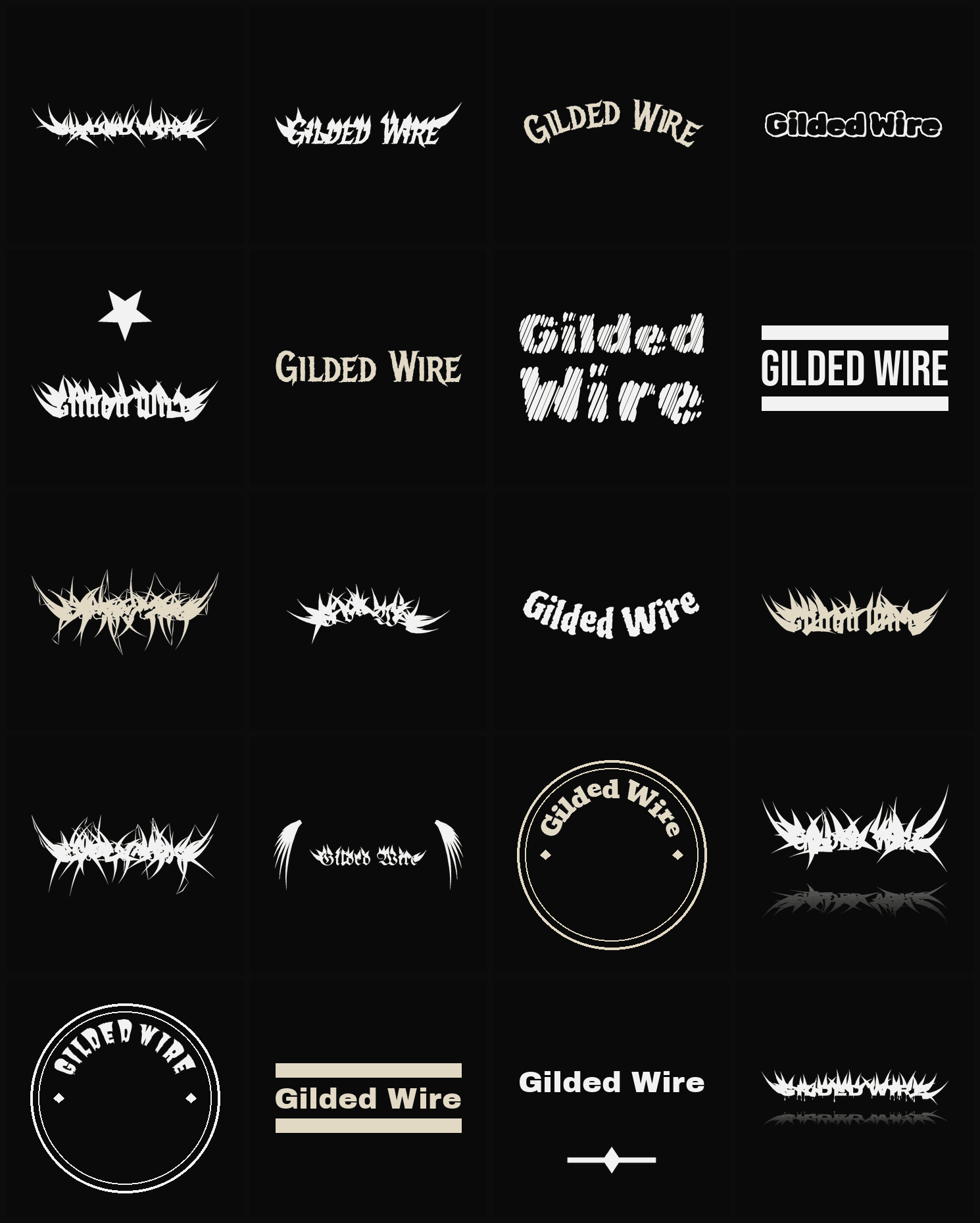 Twenty Gilded Wire band logo ideas — different faces, treatments and spike settings