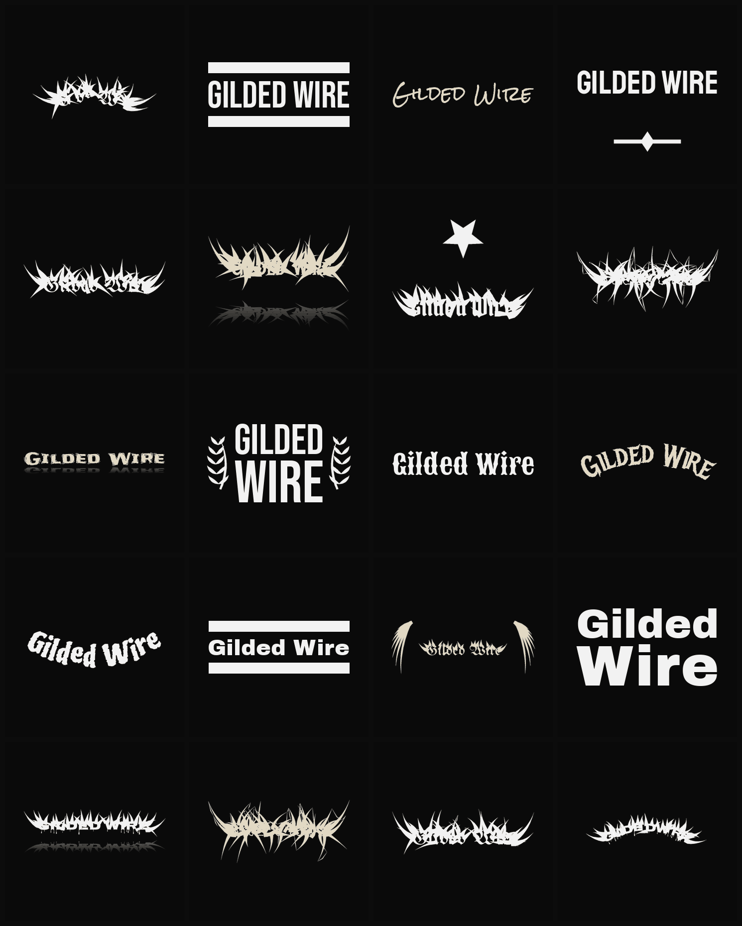 Twenty Gilded Wire band logo ideas — different faces, treatments and spike settings